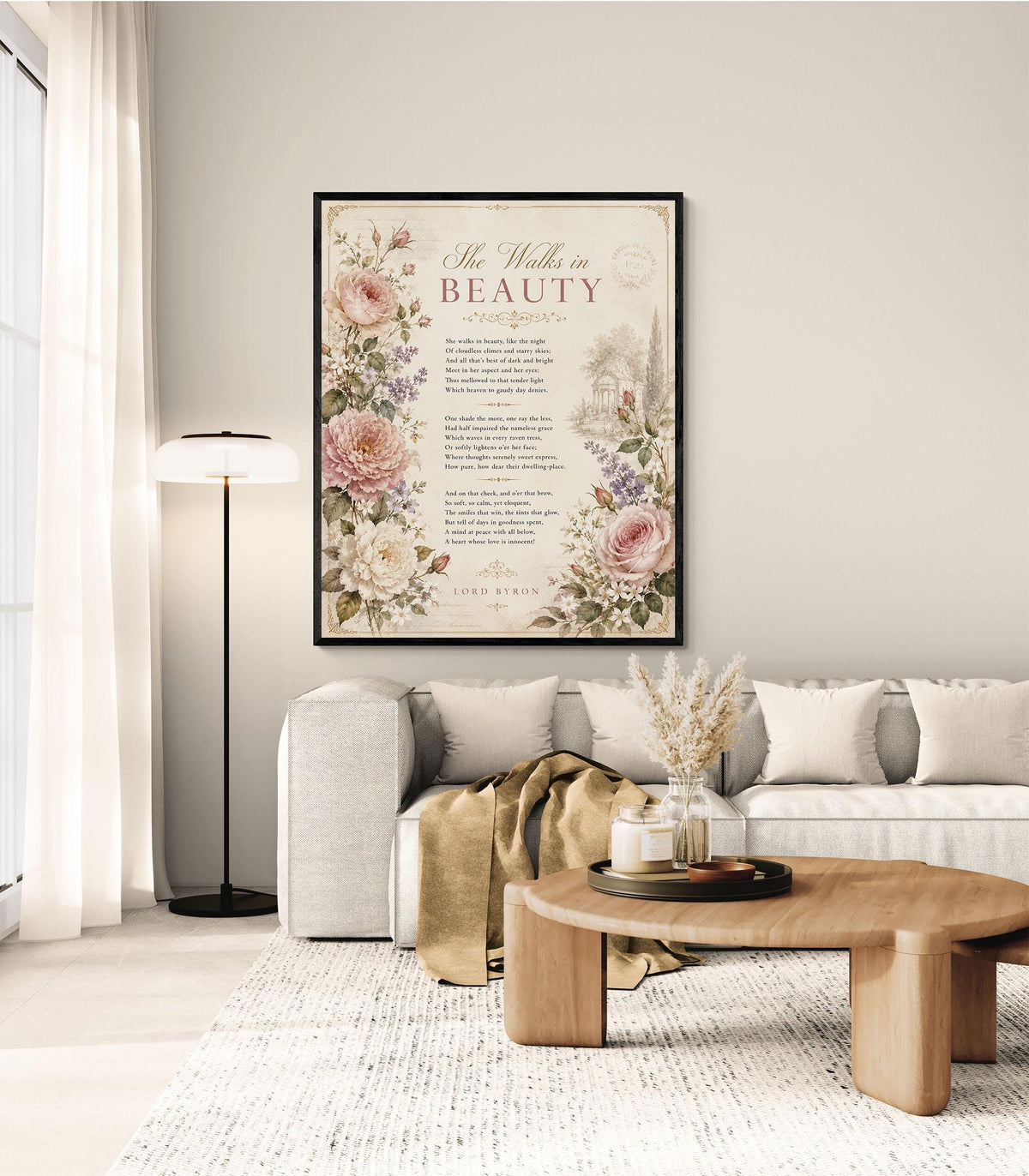 She Walks in Beauty Art Print | Lord Byron Poem | Romantic Cottagecore Wall Art | Vintage Floral Literary Decor