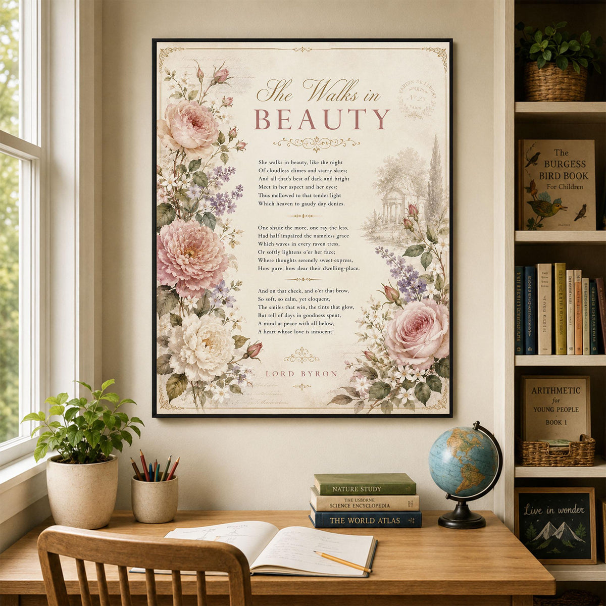 She Walks in Beauty Art Print | Lord Byron Poem | Romantic Cottagecore Wall Art | Vintage Floral Literary Decor