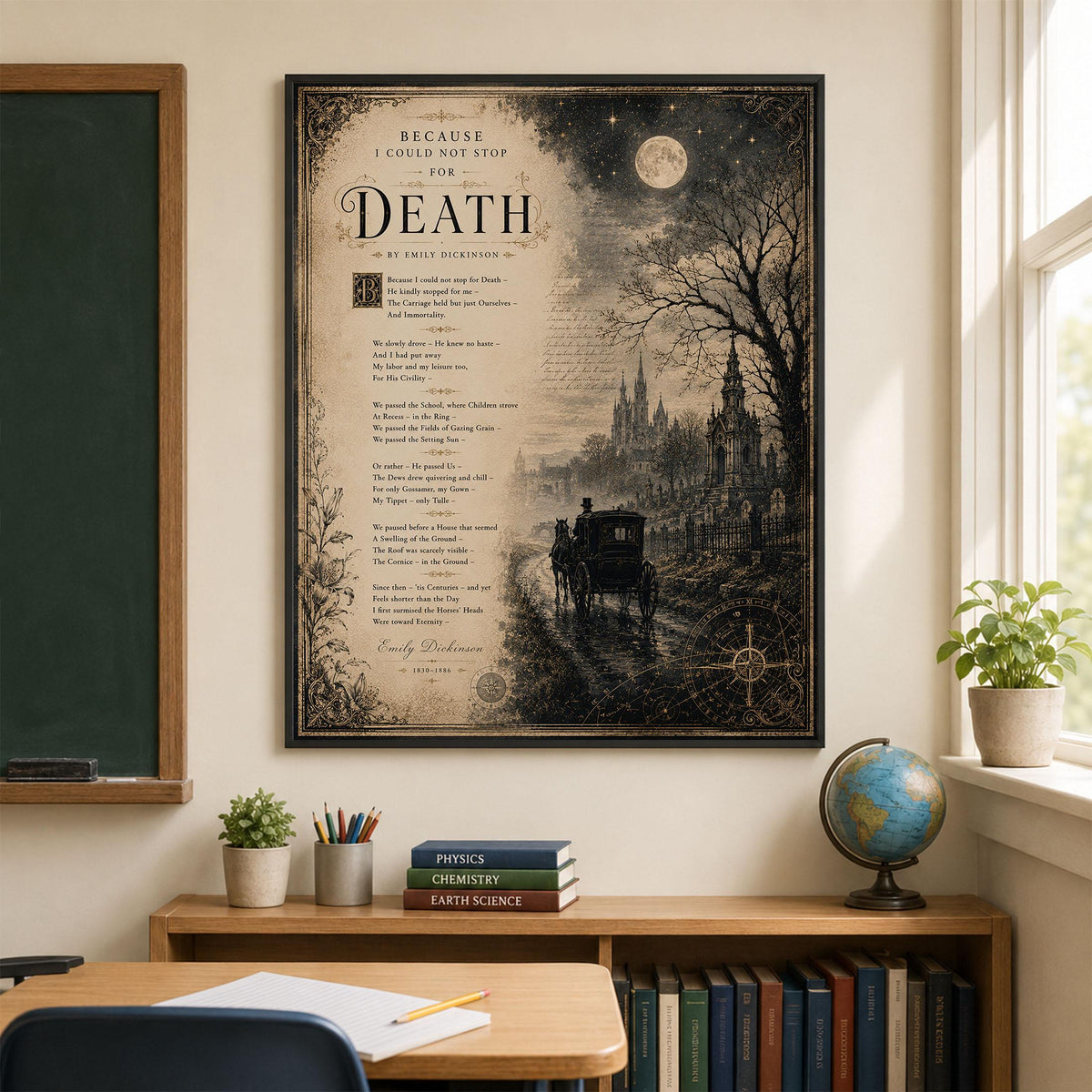 Because I Could Not Stop for Death Art Print | Emily Dickinson Poem | Dark Academia Gothic Literary Wall Decor