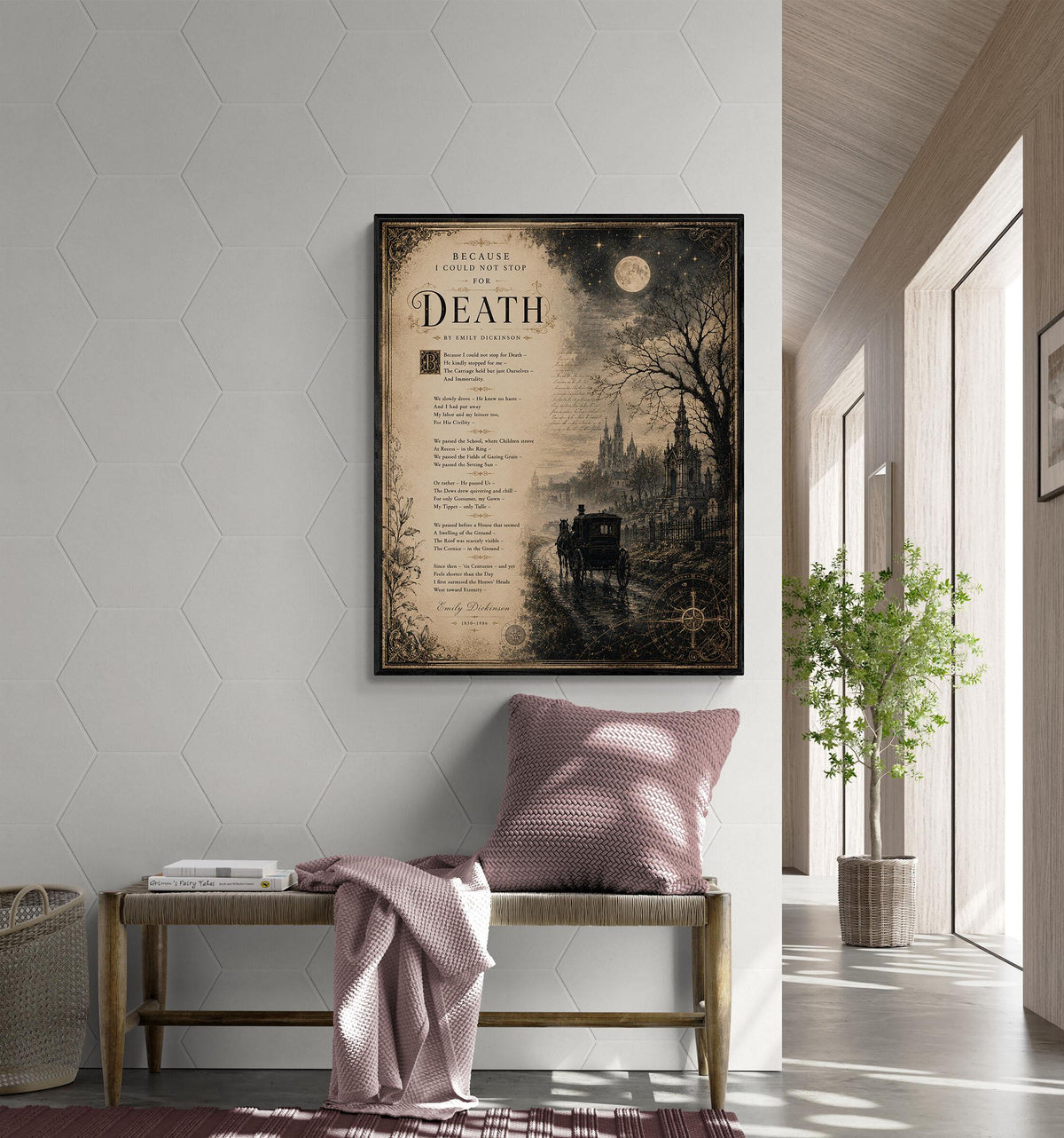 Because I Could Not Stop for Death Art Print | Emily Dickinson Poem | Dark Academia Gothic Literary Wall Decor