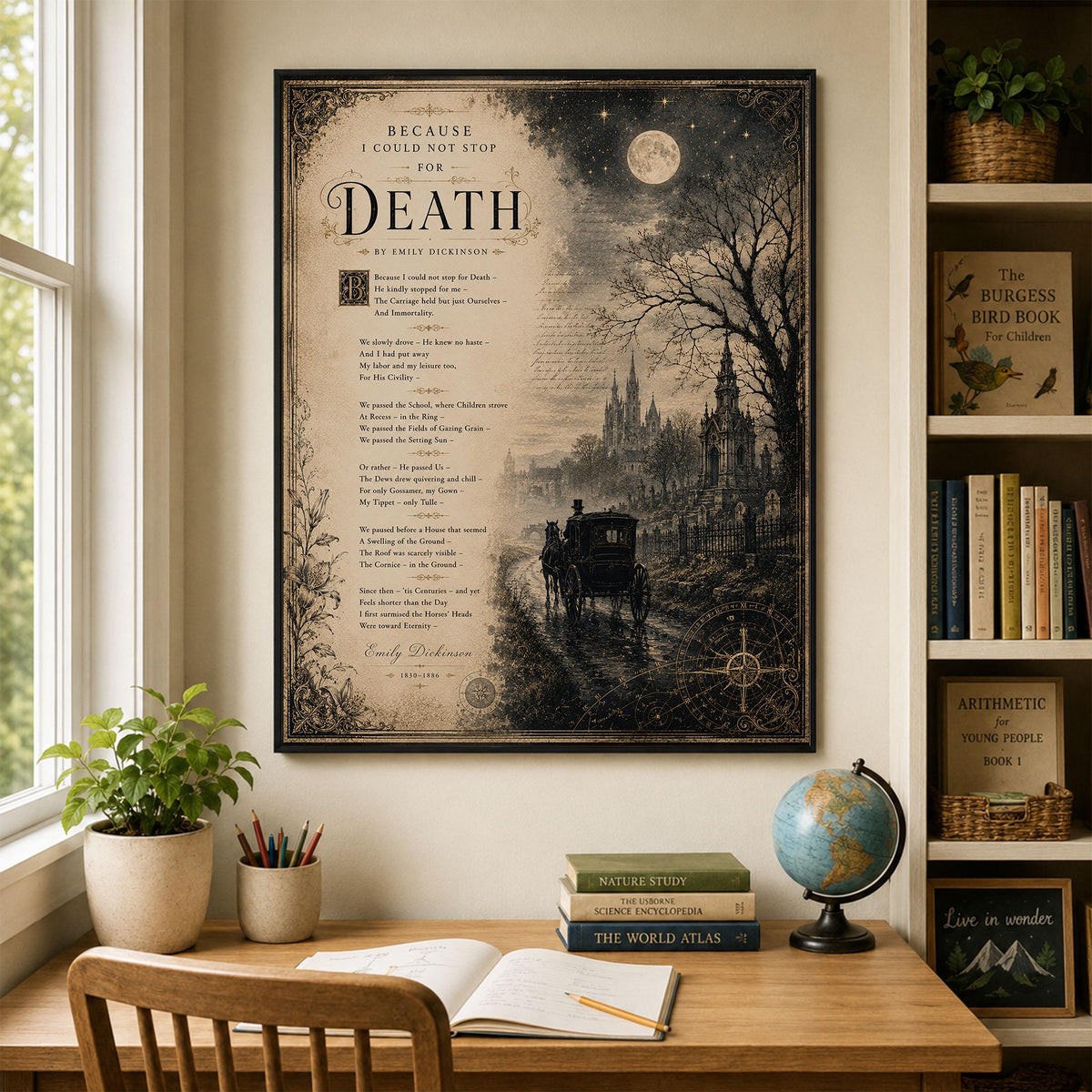Because I Could Not Stop for Death Art Print | Emily Dickinson Poem | Dark Academia Gothic Literary Wall Decor