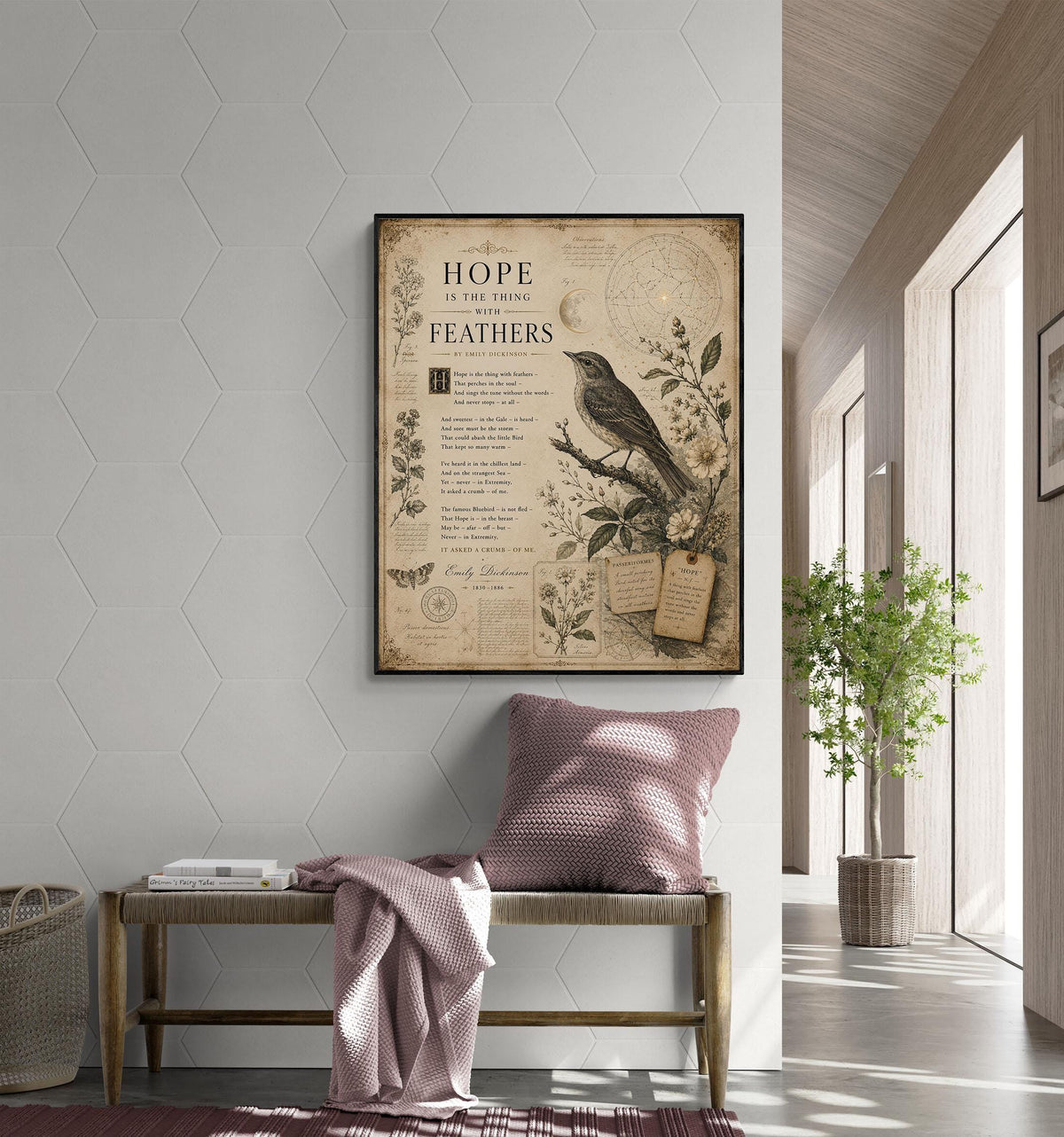 Hope Is the Thing with Feathers Art Print | Emily Dickinson Poem | Vintage Bird Wall Art | Literary Nature Decor