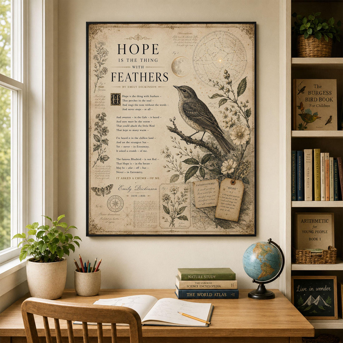 Hope Is the Thing with Feathers Art Print | Emily Dickinson Poem | Vintage Bird Wall Art | Literary Nature Decor