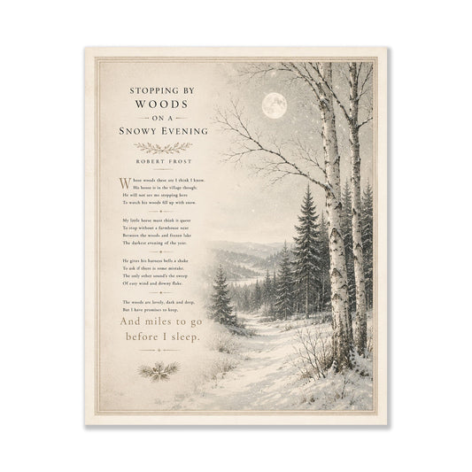 Stopping by Woods on a Snowy Evening Art Print | Robert Frost Poem | Winter Landscape Wall Art | Literary Decor