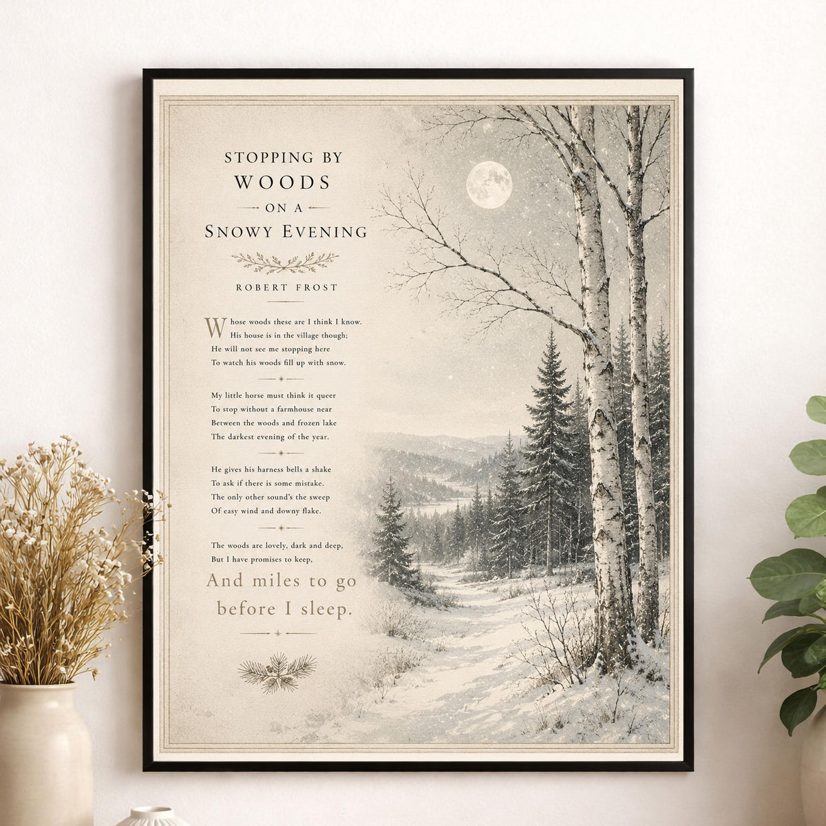 Stopping by Woods on a Snowy Evening Art Print | Robert Frost Poem | Winter Landscape Wall Art | Literary Decor