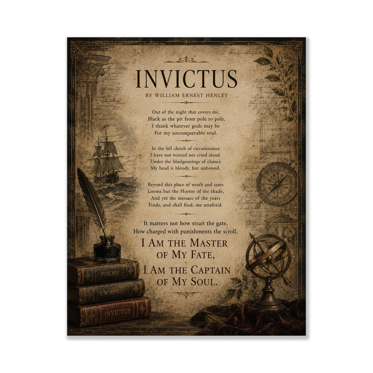 Invictus Art Print | William Ernest Henley Poem | Dark Academia Literary Wall Art | Motivational Office Decor