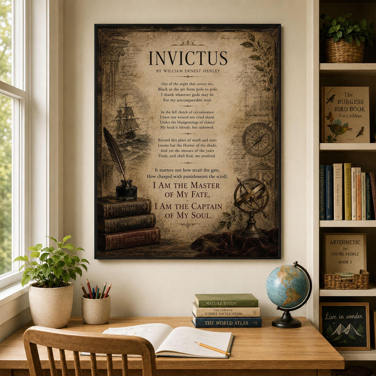 Invictus Art Print | William Ernest Henley Poem | Dark Academia Literary Wall Art | Motivational Office Decor