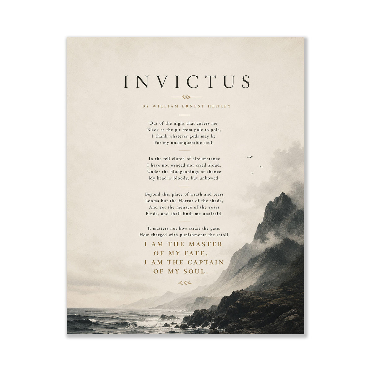 Invictus Poem Print by William Ernest Henley | Minimalist Coastal Wall Art | Inspirational Literary Quote Decor
