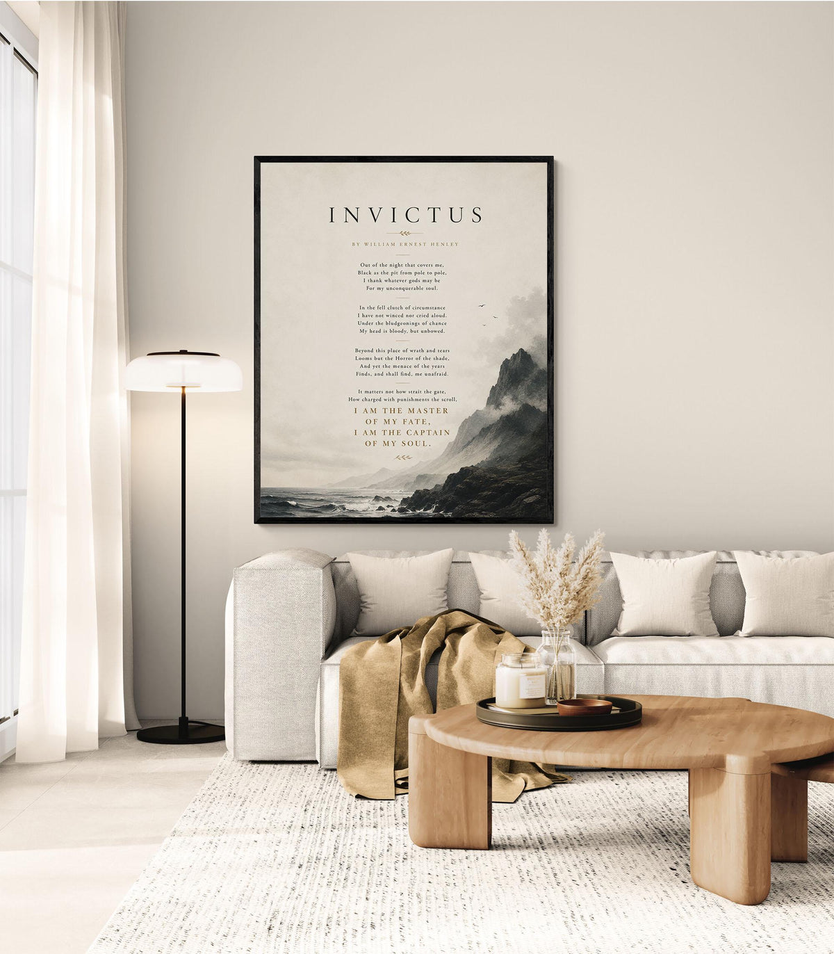 Invictus Poem Print by William Ernest Henley | Minimalist Coastal Wall Art | Inspirational Literary Quote Decor