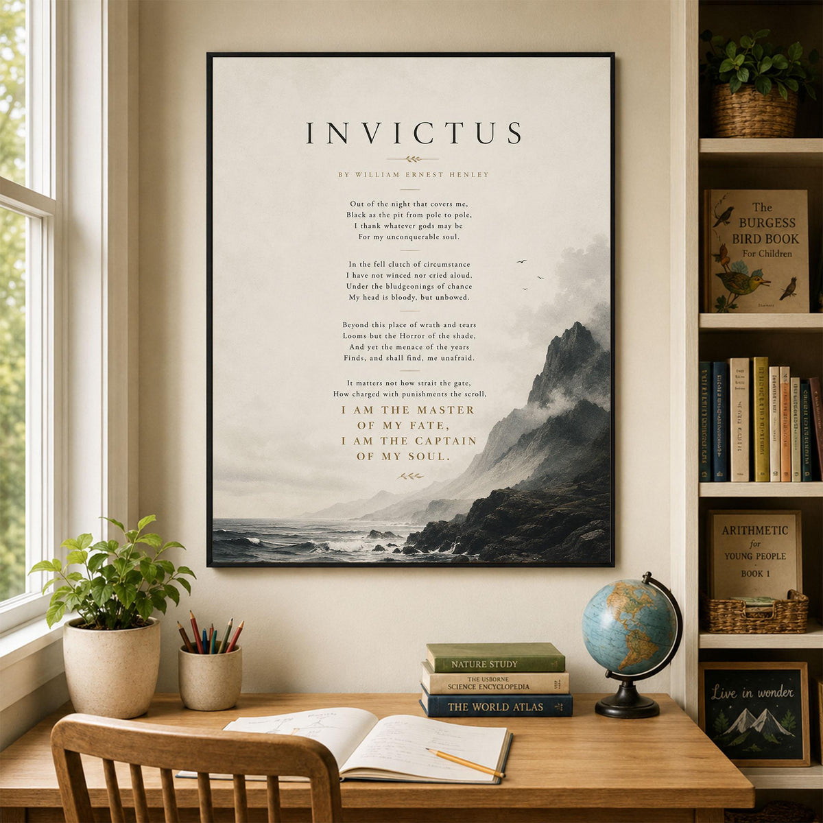 Invictus Poem Print by William Ernest Henley | Minimalist Coastal Wall Art | Inspirational Literary Quote Decor