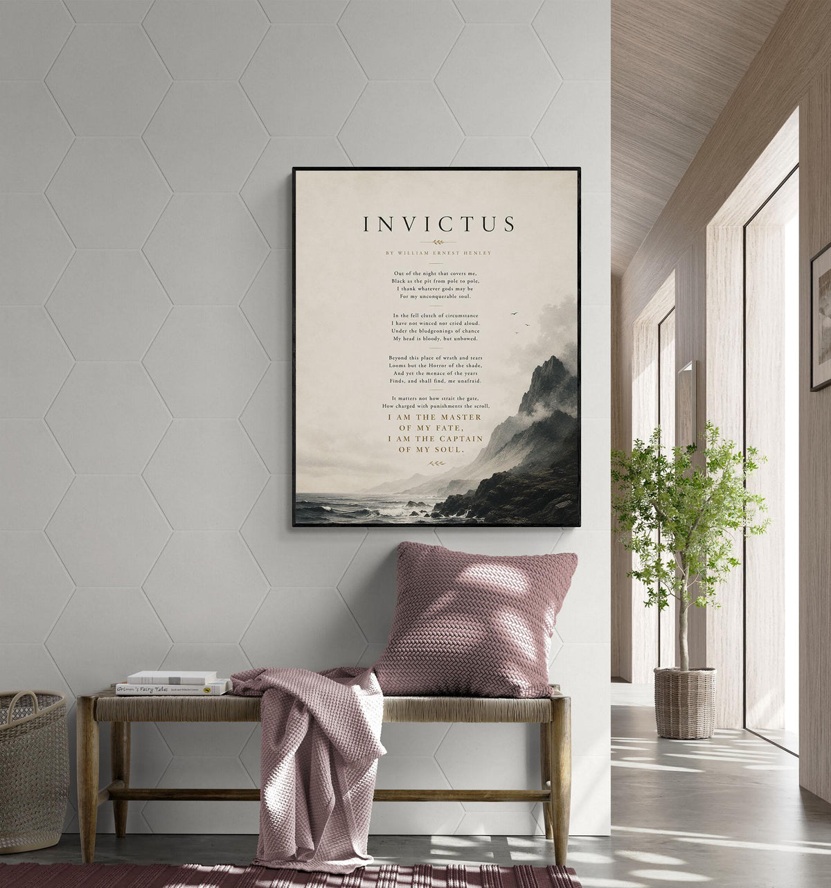 Invictus Poem Print by William Ernest Henley | Minimalist Coastal Wall Art | Inspirational Literary Quote Decor