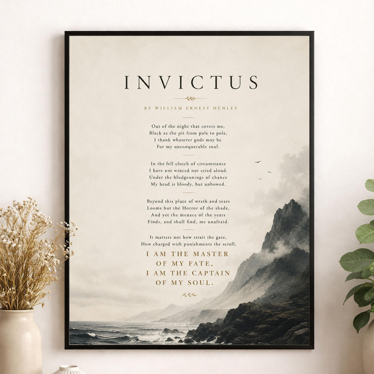 Invictus Poem Print by William Ernest Henley | Minimalist Coastal Wall Art | Inspirational Literary Quote Decor