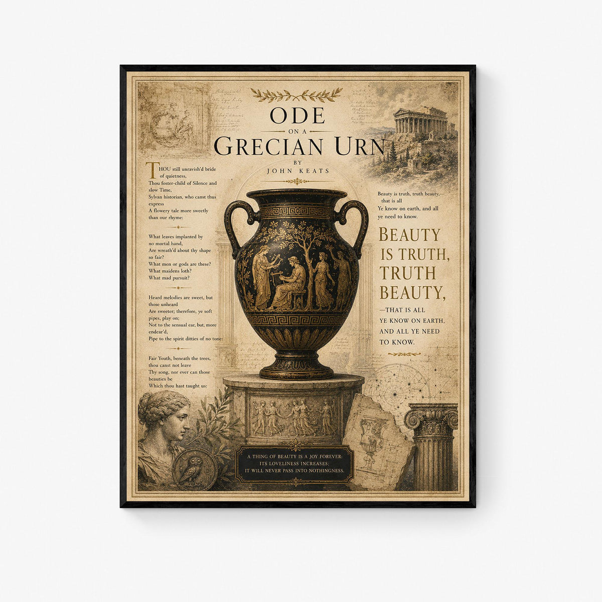 Ode on a Grecian Urn Print by John Keats | Classical Literature Wall Art | Greek Vase Poetry Decor | Dark Academia Gift