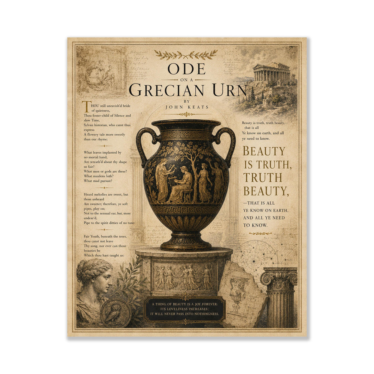 Ode on a Grecian Urn Print by John Keats | Classical Literature Wall Art | Greek Vase Poetry Decor | Dark Academia Gift