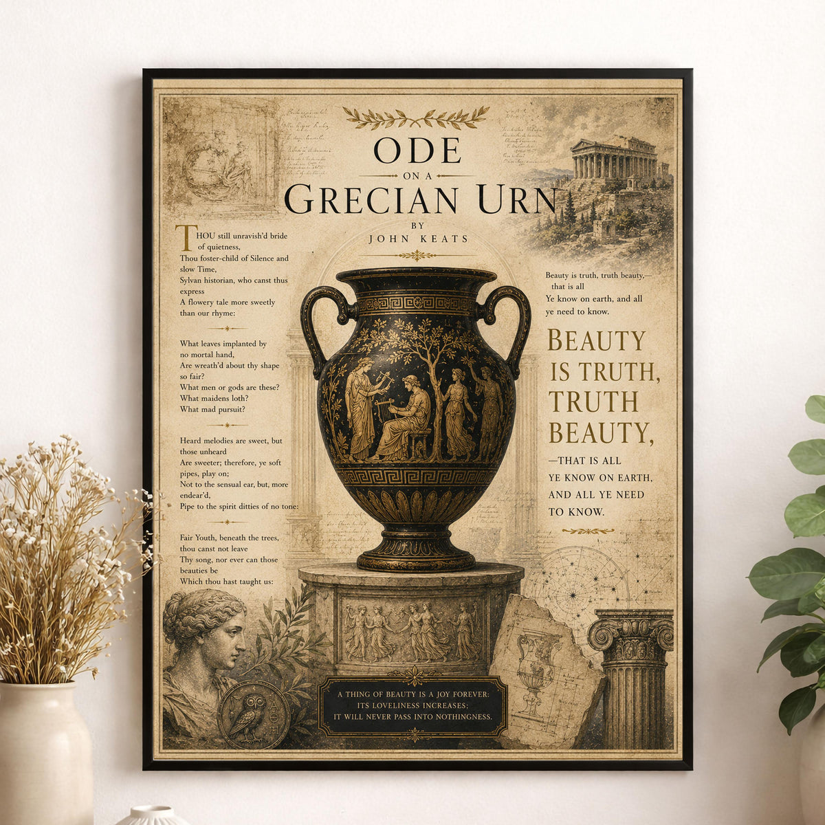 Ode on a Grecian Urn Print by John Keats | Classical Literature Wall Art | Greek Vase Poetry Decor | Dark Academia Gift