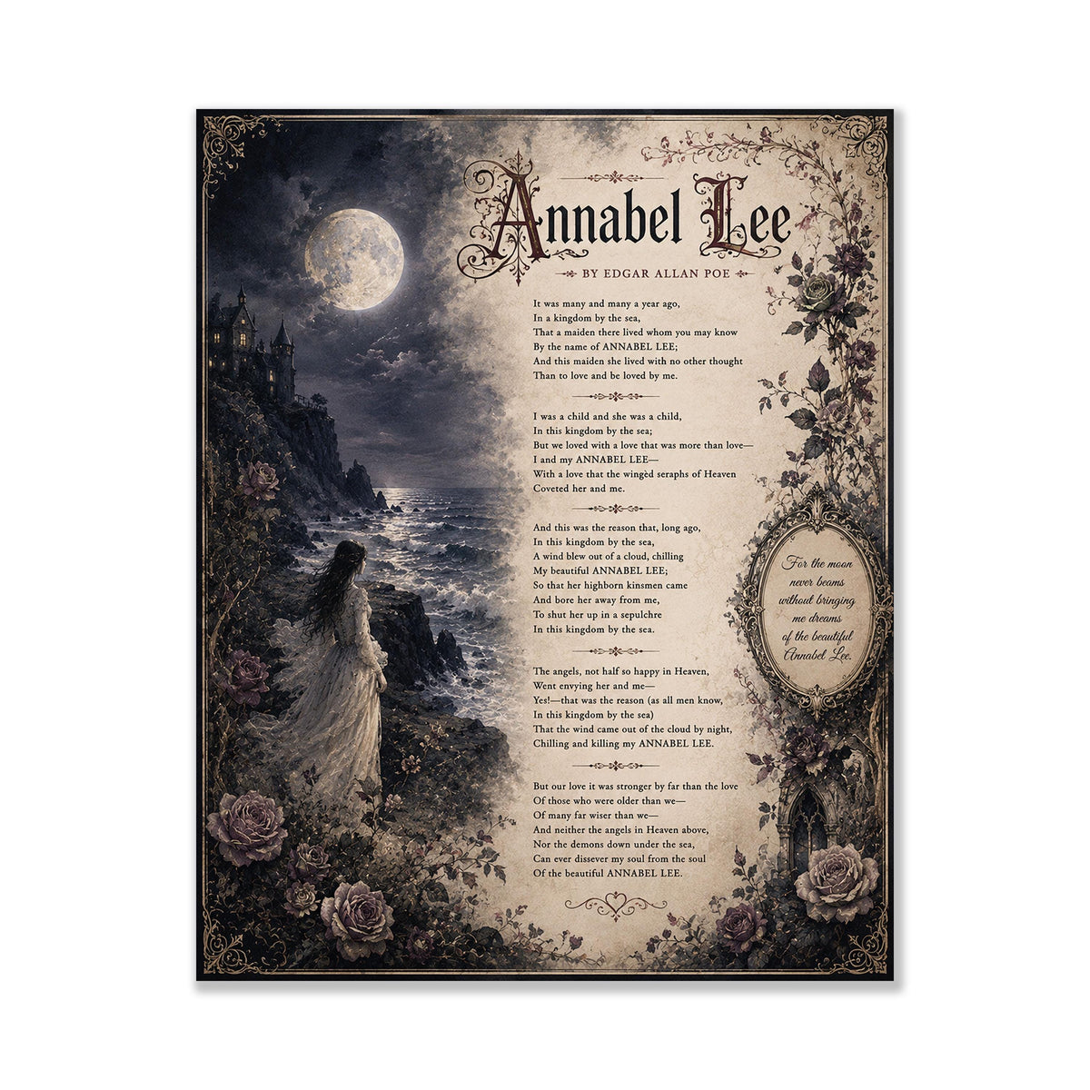 Annabel Lee Poem Print by Edgar Allan Poe | Gothic Romantic Wall Art | Dark Academia Literature Decor | Book Lover Gift