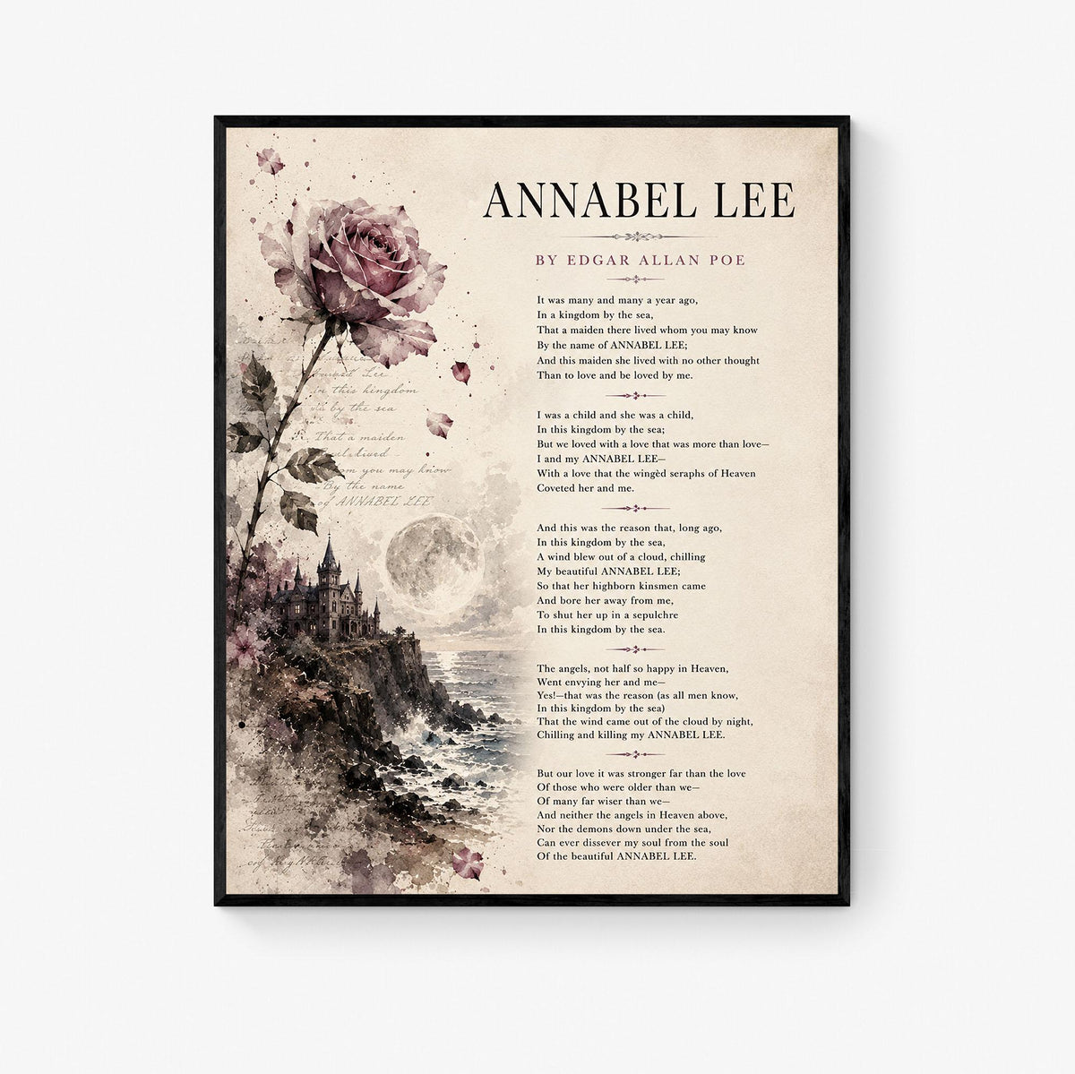 Annabel Lee Poem Print by Edgar Allan Poe | Romantic Gothic Wall Art | Vintage Coastal Literature Decor | Book Lover Gift
