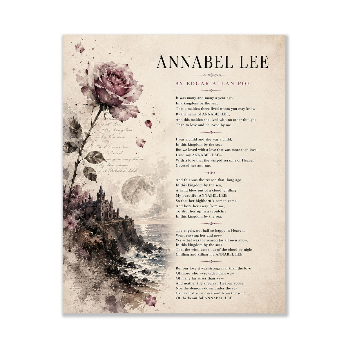 Annabel Lee Poem Print by Edgar Allan Poe | Romantic Gothic Wall Art | Vintage Coastal Literature Decor | Book Lover Gift