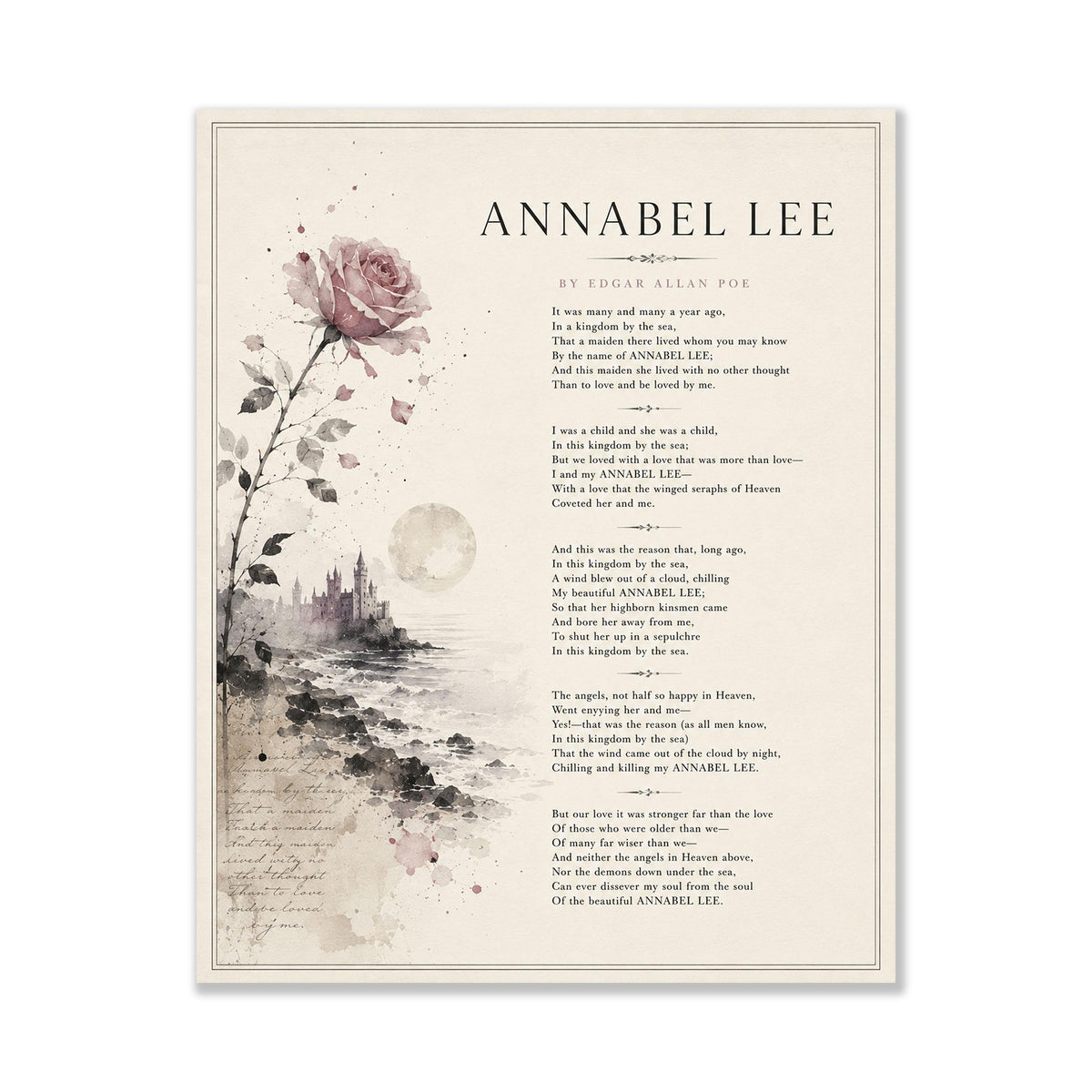 Annabel Lee Poem Print by Edgar Allan Poe | Romantic Gothic Wall Art | Vintage Coastal Literature Decor | Book Lover Gift | Poetry lover