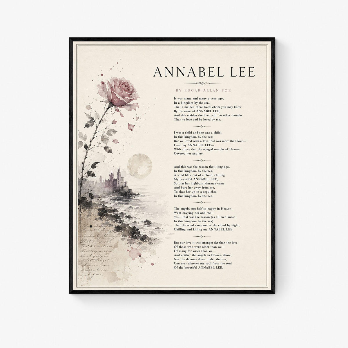 Annabel Lee Poem Print by Edgar Allan Poe | Romantic Gothic Wall Art | Vintage Coastal Literature Decor | Book Lover Gift | Poetry lover