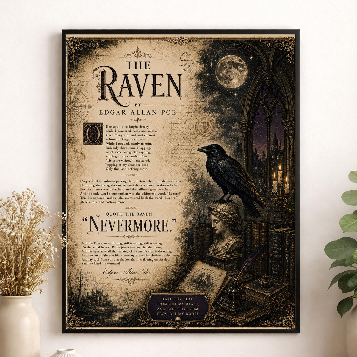 The Raven Print by Edgar Allan Poe | Gothic Literature Wall Art | Dark Academia Poem Decor | Raven Artwork | Book Lover Gift