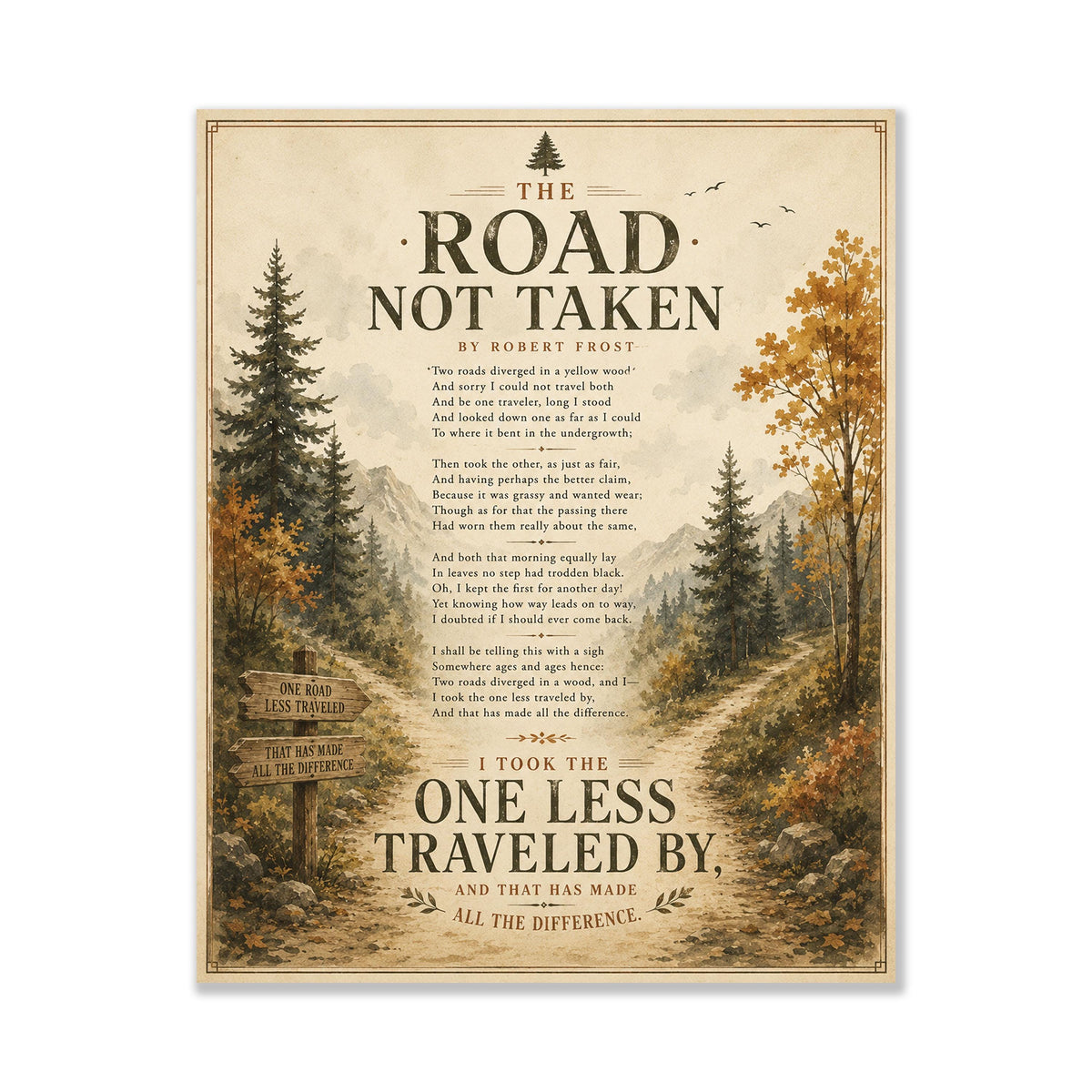 The Road Not Taken Print by Robert Frost | Inspirational Poem Wall Art | Rustic Landscape Literature Decor | Book Lover Gift
