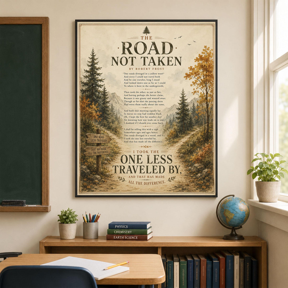 The Road Not Taken Print by Robert Frost | Inspirational Poem Wall Art | Rustic Landscape Literature Decor | Book Lover Gift