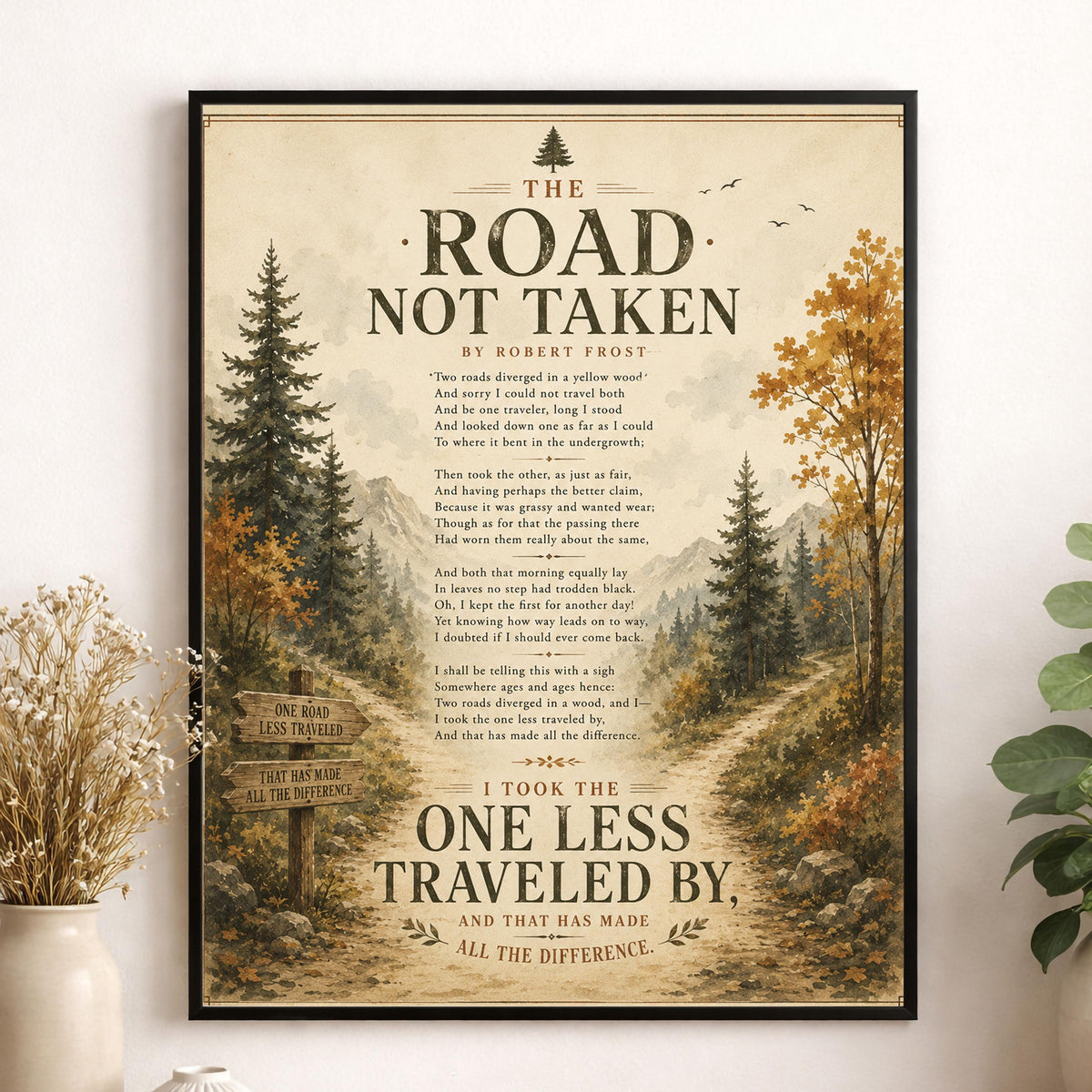 The Road Not Taken Print by Robert Frost | Inspirational Poem Wall Art | Rustic Landscape Literature Decor | Book Lover Gift
