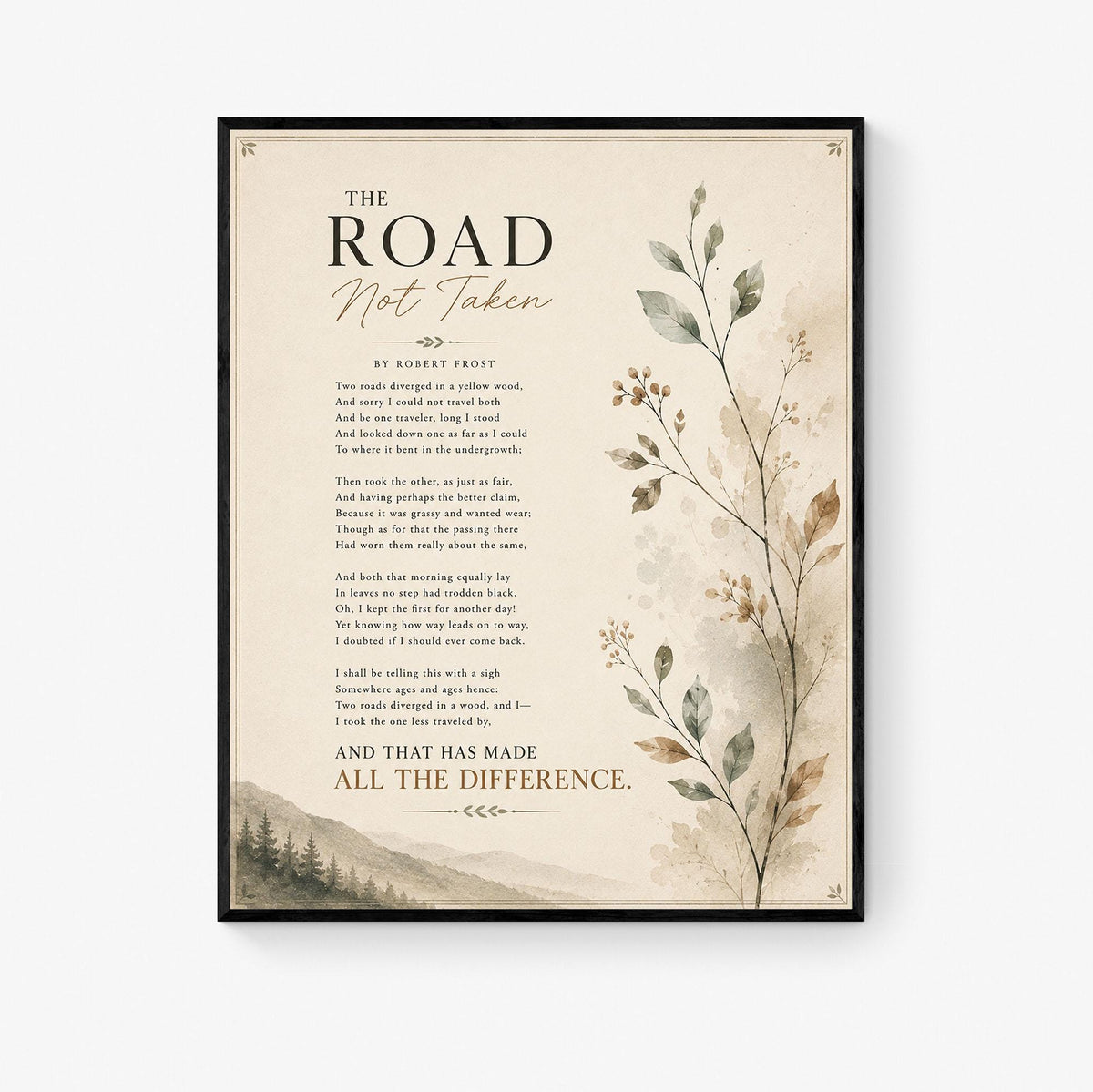 The Road Not Taken by Robert Frost Print | Minimalist Poetry Wall Art | Literary Quote Decor | Book Lover Gift