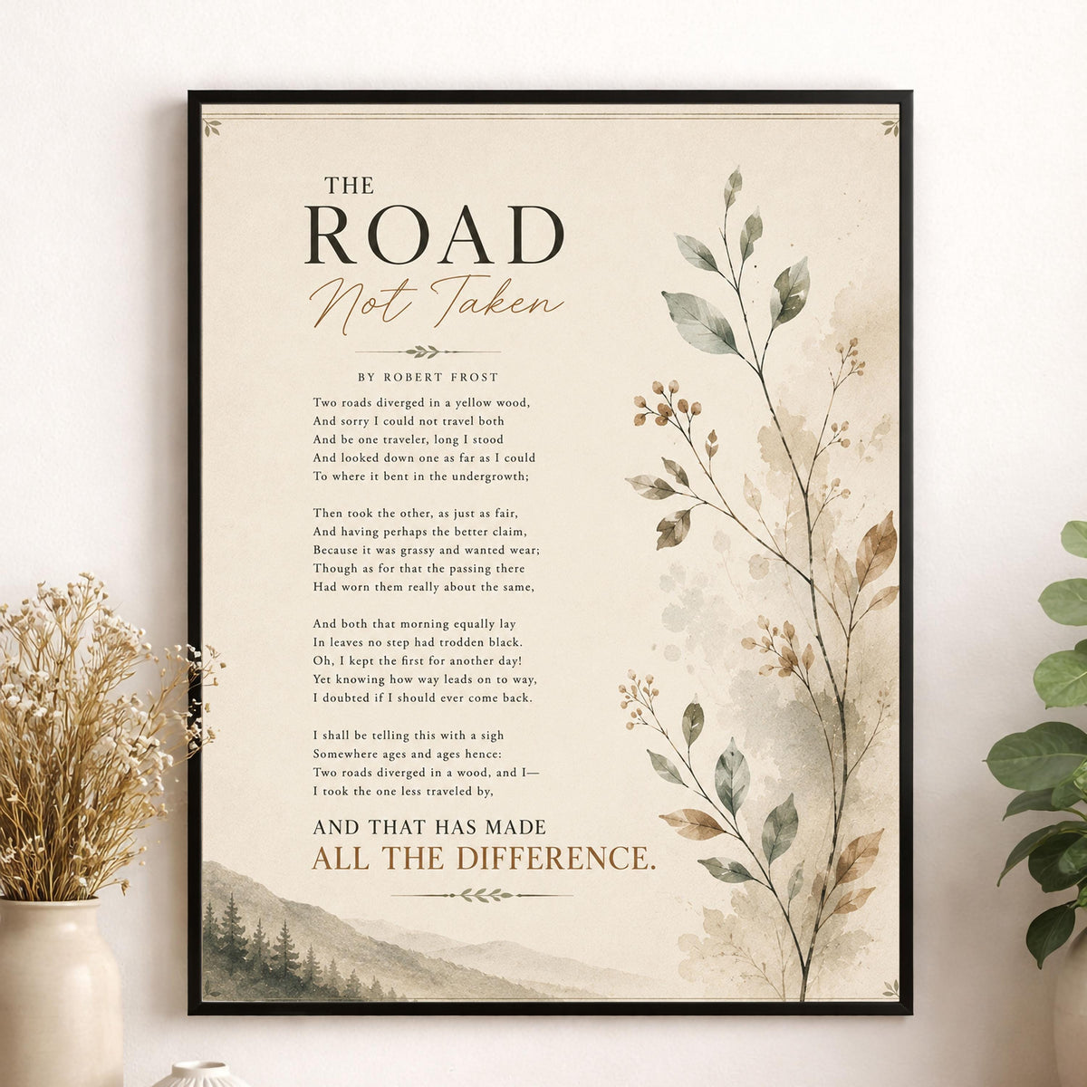 The Road Not Taken by Robert Frost Print | Minimalist Poetry Wall Art | Literary Quote Decor | Book Lover Gift