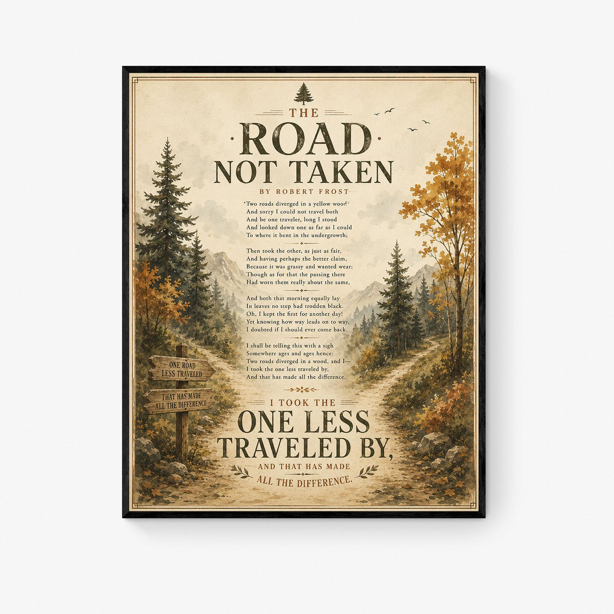 The Road Not Taken Print by Robert Frost | Inspirational Poem Wall Art | Rustic Landscape Literature Decor | Book Lover Gift