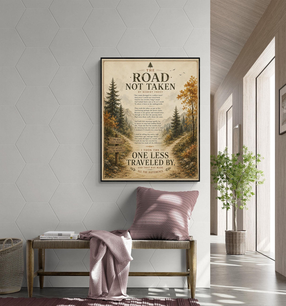 The Road Not Taken Print by Robert Frost | Inspirational Poem Wall Art | Rustic Landscape Literature Decor | Book Lover Gift