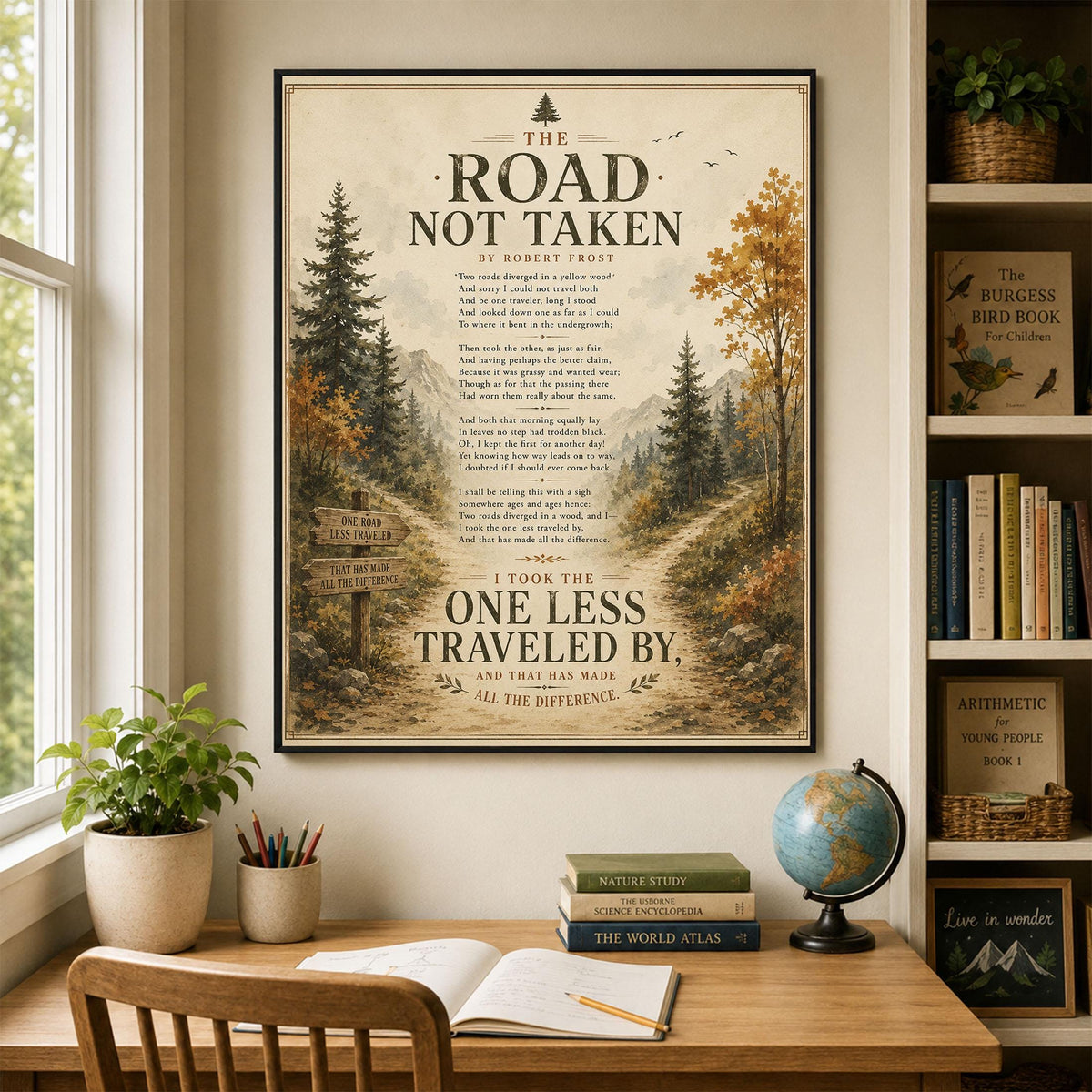 The Road Not Taken Print by Robert Frost | Inspirational Poem Wall Art | Rustic Landscape Literature Decor | Book Lover Gift