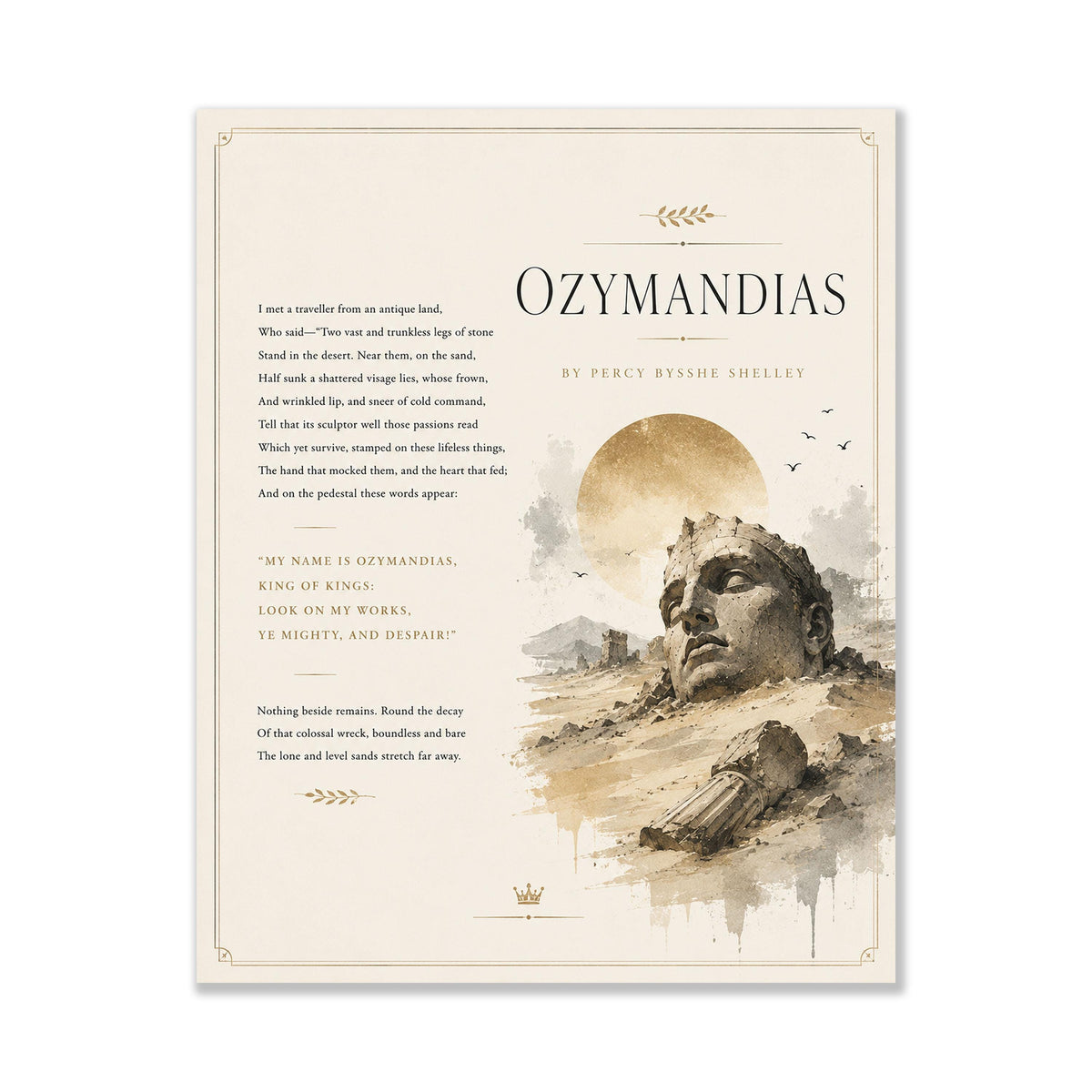 Minimalist Ozymandias Print | Percy Bysshe Shelley Poem Wall Art | Literary Decor | Ancient Egypt Poetry Gift