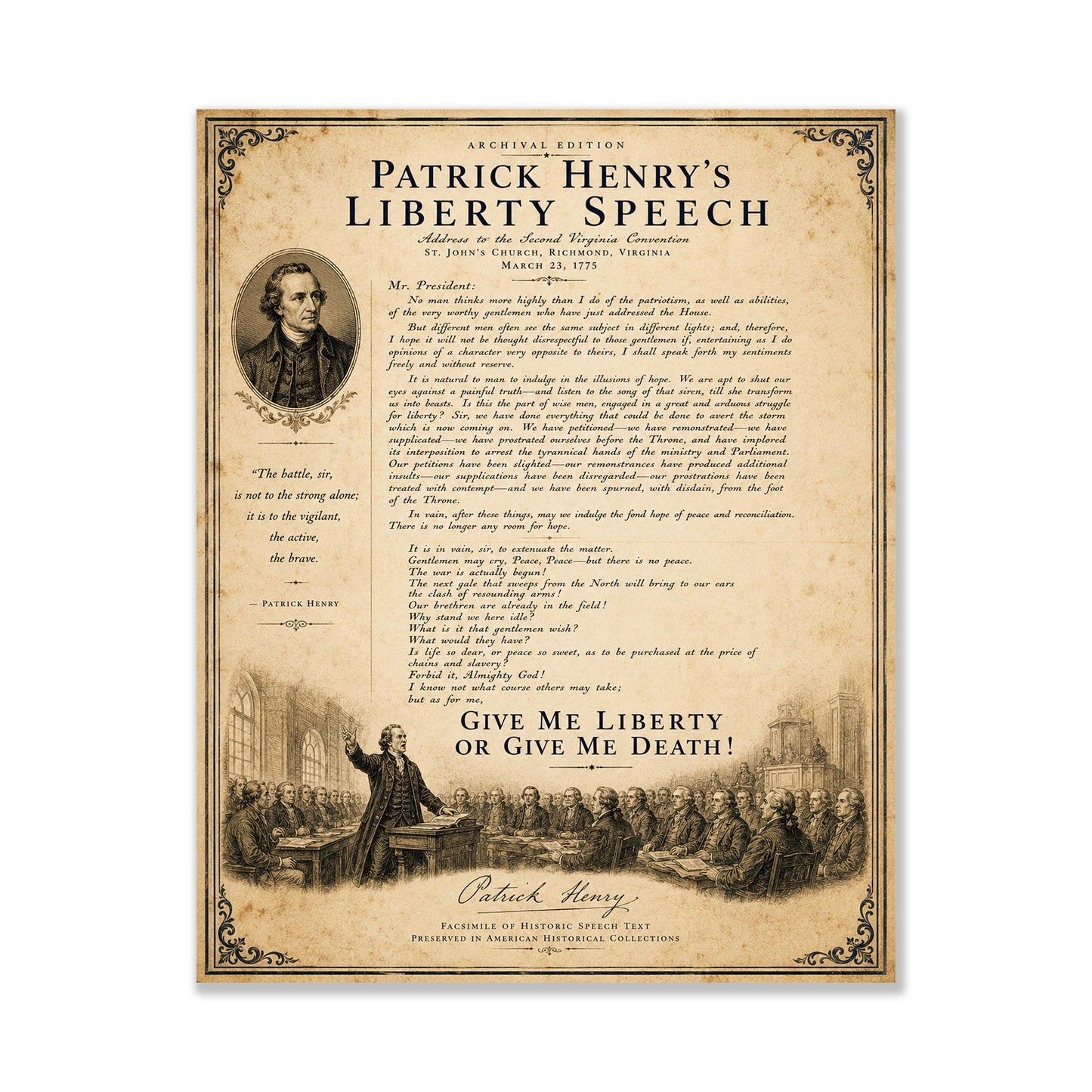 Give Me Liberty Wall Art Print | Patrick Henry's Liberty Speech | American Revolution | Historical Americana | Vintage Patriotic Home Decor
