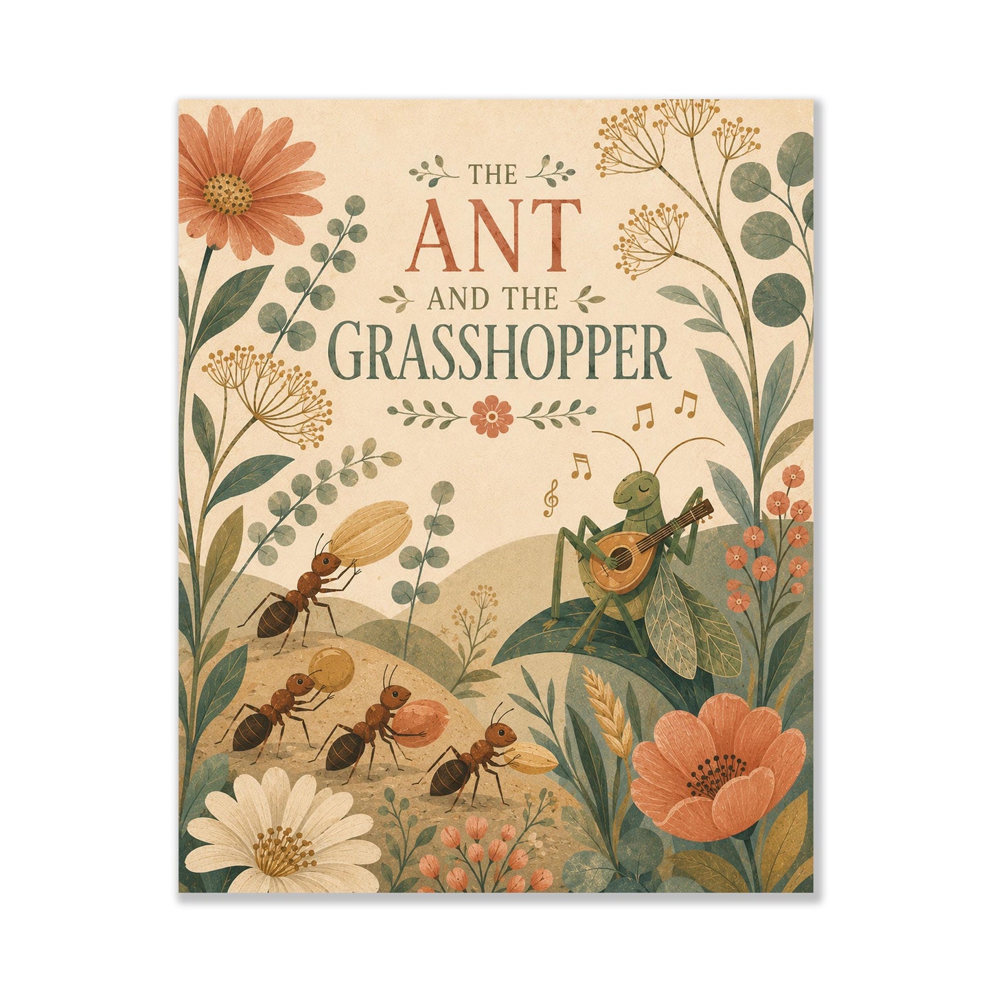The Ant and the Grasshopper Nursery Wall Art Print | Aesop's Fable Home Decor | Reading Room | Kids Literature | Literary Poster