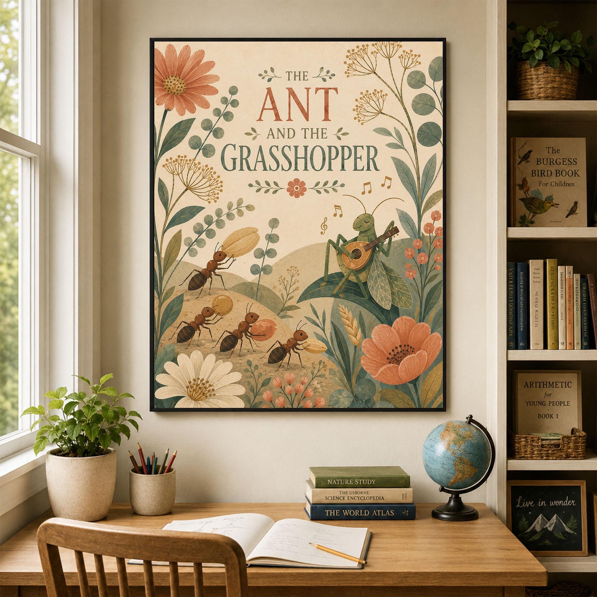 The Ant and the Grasshopper Nursery Wall Art Print | Aesop's Fable Home Decor | Reading Room | Kids Literature | Literary Poster