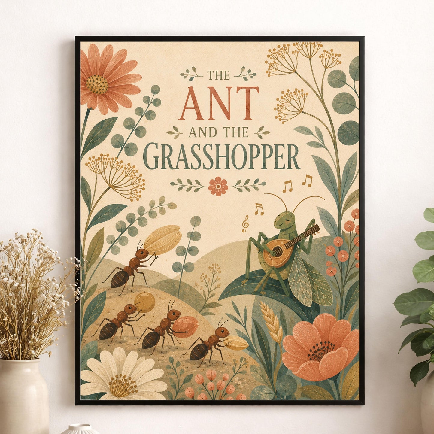 The Ant and the Grasshopper Nursery Wall Art Print | Aesop's Fable Home Decor | Reading Room | Kids Literature | Literary Poster