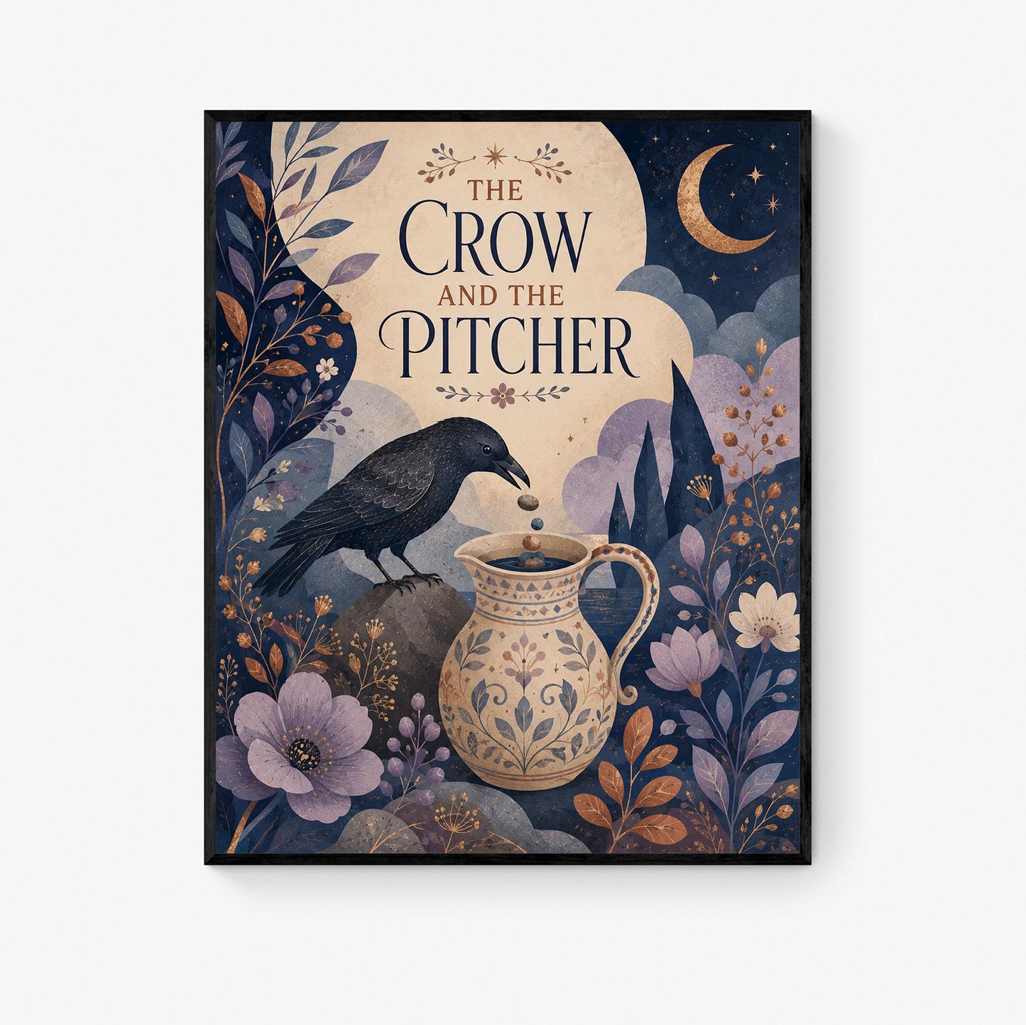 The Crow and the Pitcher Nursery Wall Art Print | Aesop's Fable Home Decor | Reading Room | Kids Literature | Literary Poster