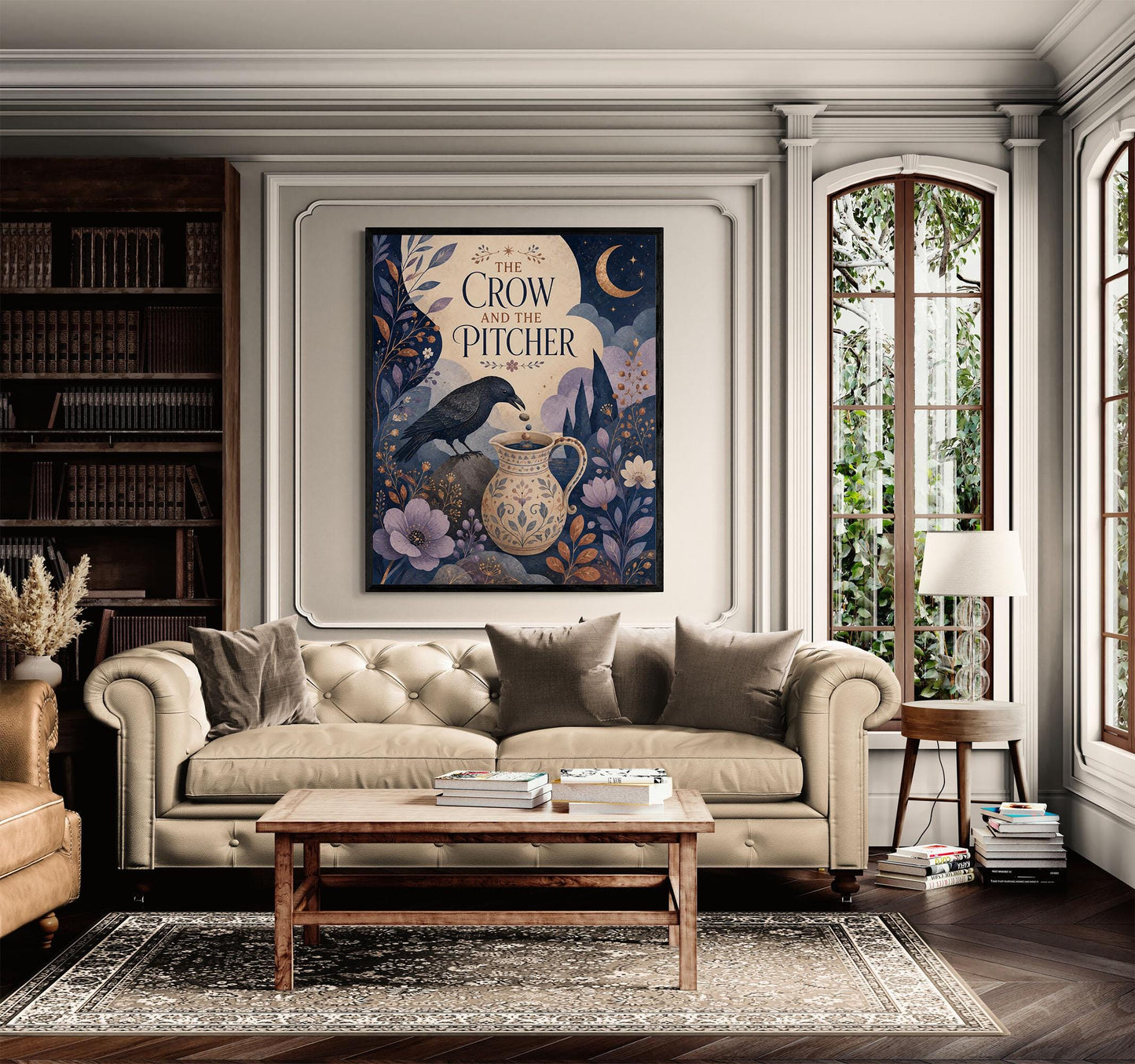 The Crow and the Pitcher Nursery Wall Art Print | Aesop's Fable Home Decor | Reading Room | Kids Literature | Literary Poster