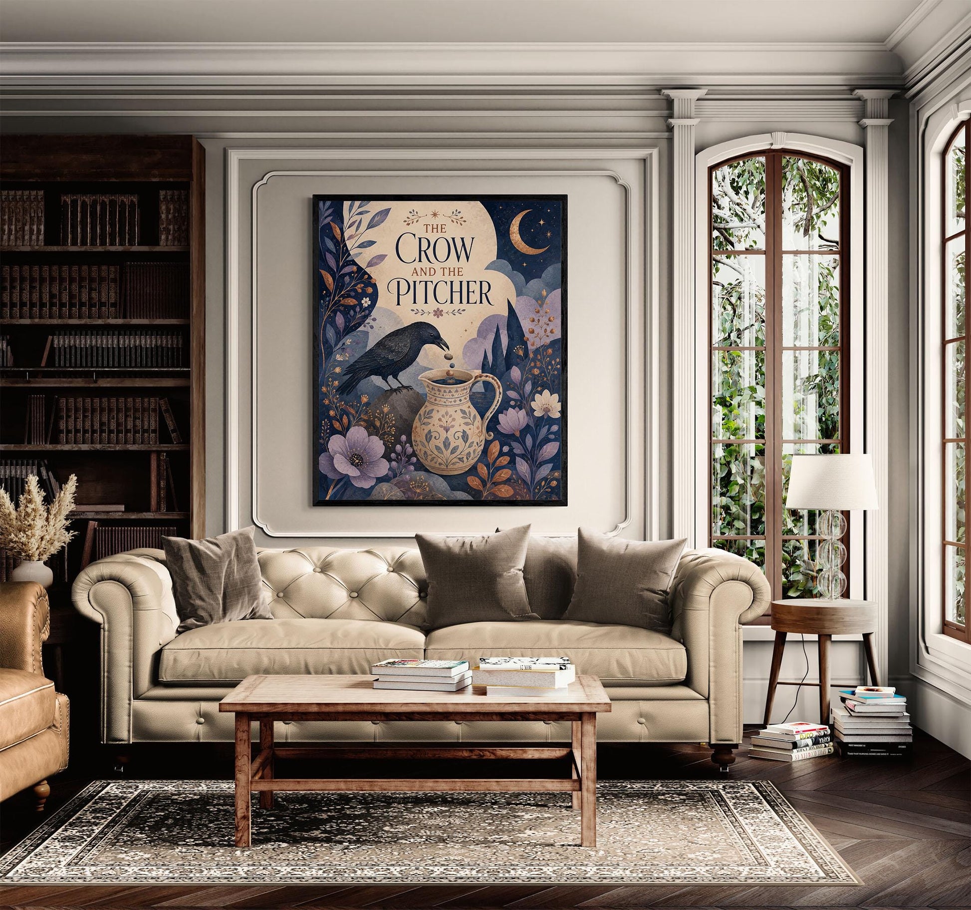 The Crow and the Pitcher Nursery Wall Art Print | Aesop's Fable Home Decor | Reading Room | Kids Literature | Literary Poster