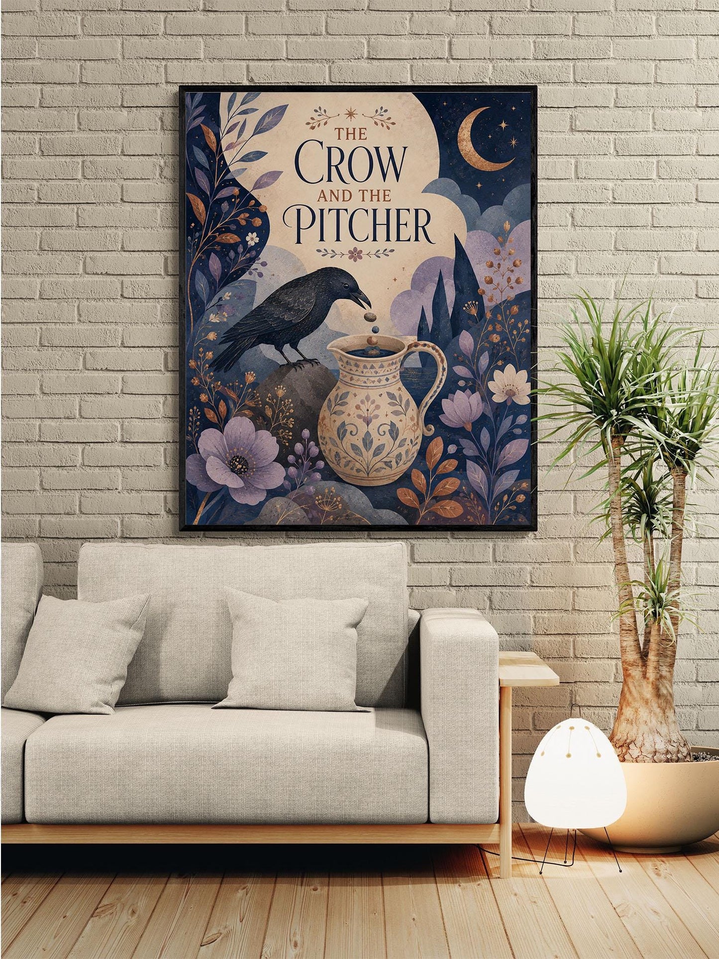 The Crow and the Pitcher Nursery Wall Art Print | Aesop's Fable Home Decor | Reading Room | Kids Literature | Literary Poster