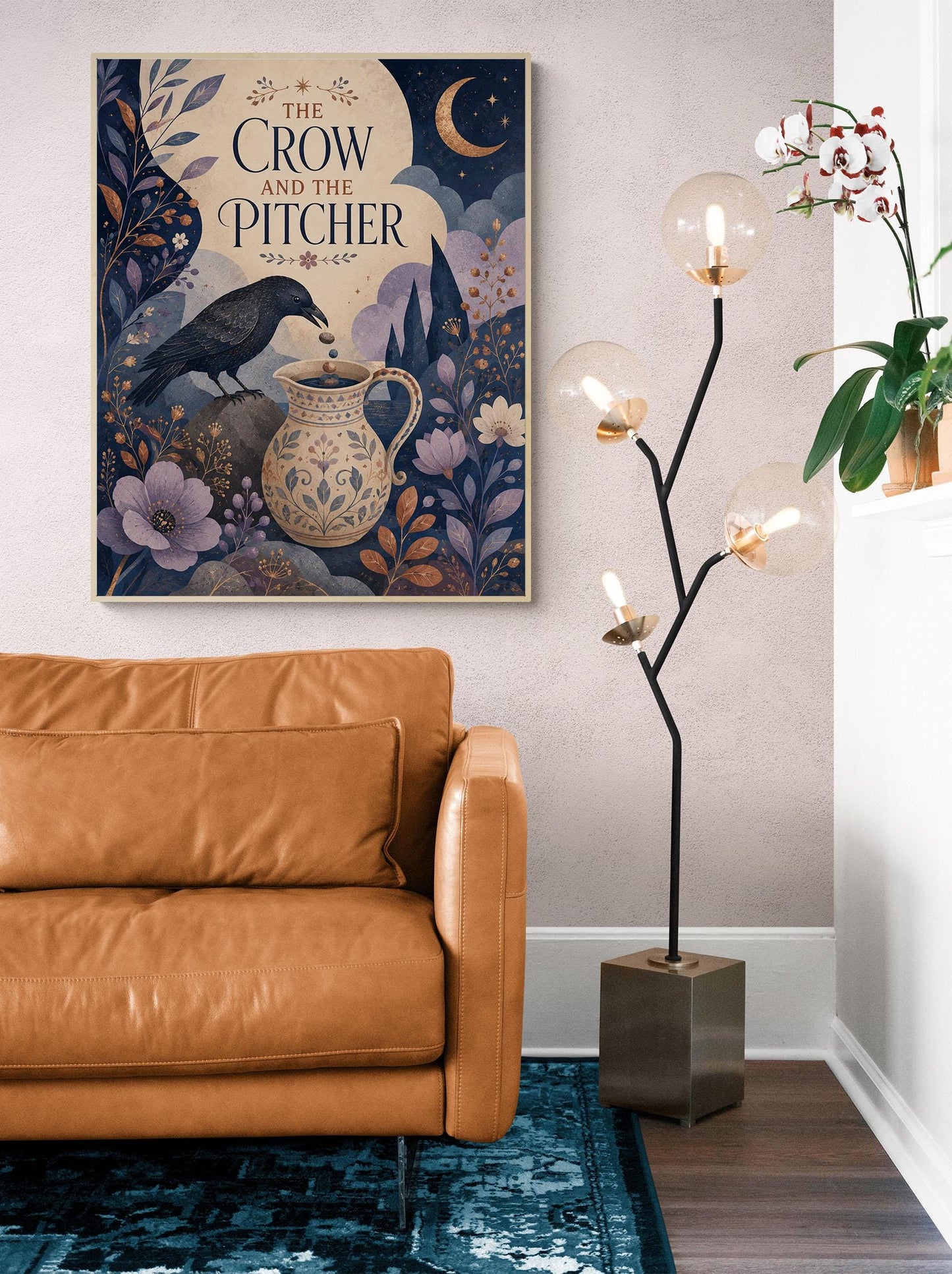 The Crow and the Pitcher Nursery Wall Art Print | Aesop's Fable Home Decor | Reading Room | Kids Literature | Literary Poster