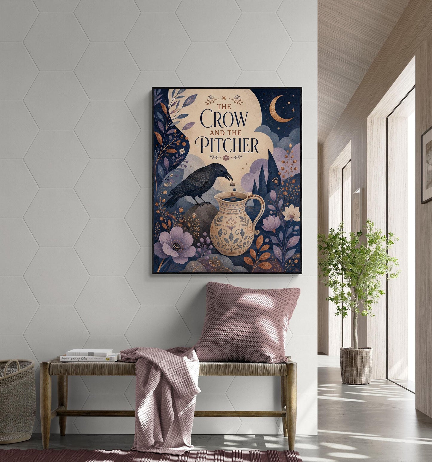 The Crow and the Pitcher Nursery Wall Art Print | Aesop's Fable Home Decor | Reading Room | Kids Literature | Literary Poster