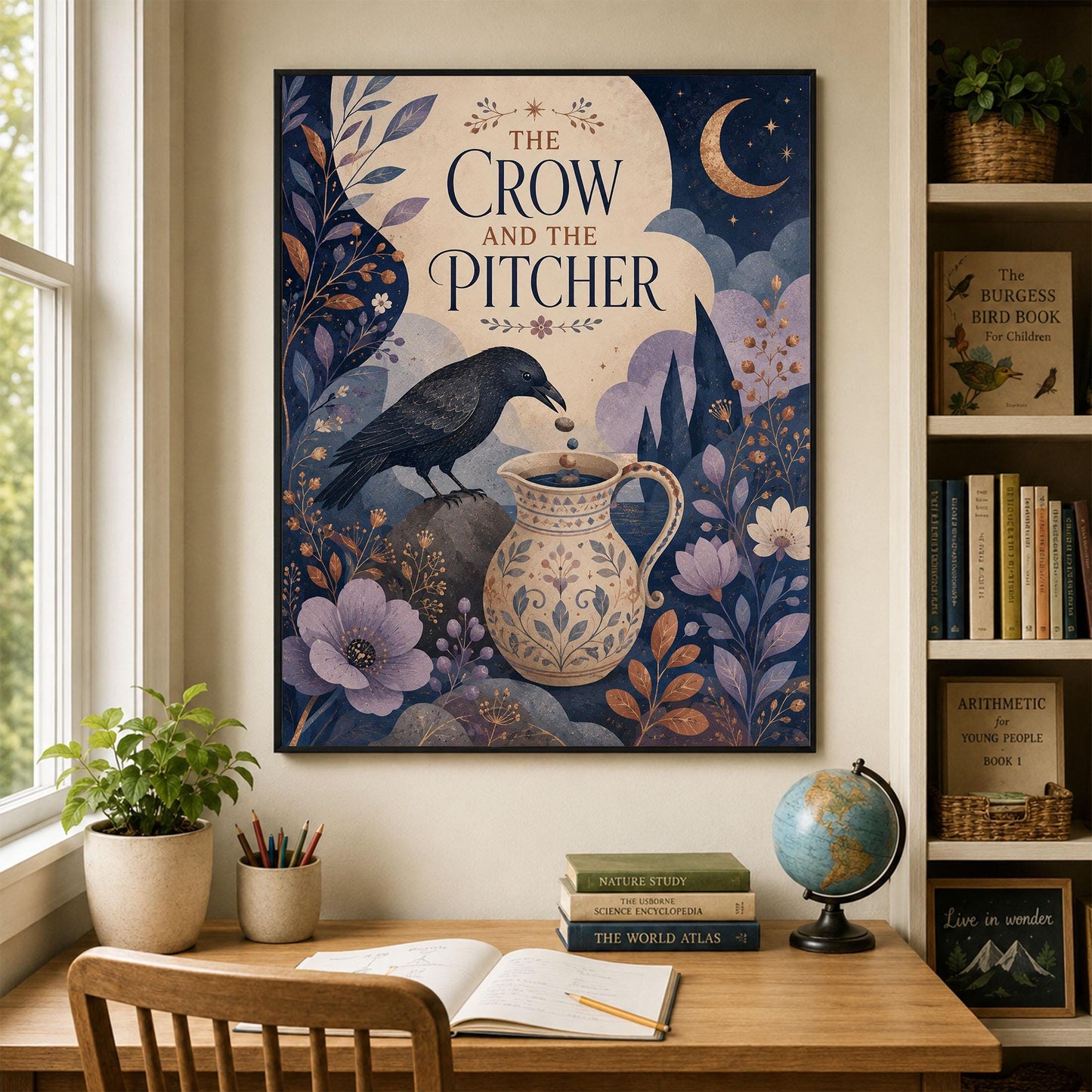 The Crow and the Pitcher Nursery Wall Art Print | Aesop's Fable Home Decor | Reading Room | Kids Literature | Literary Poster