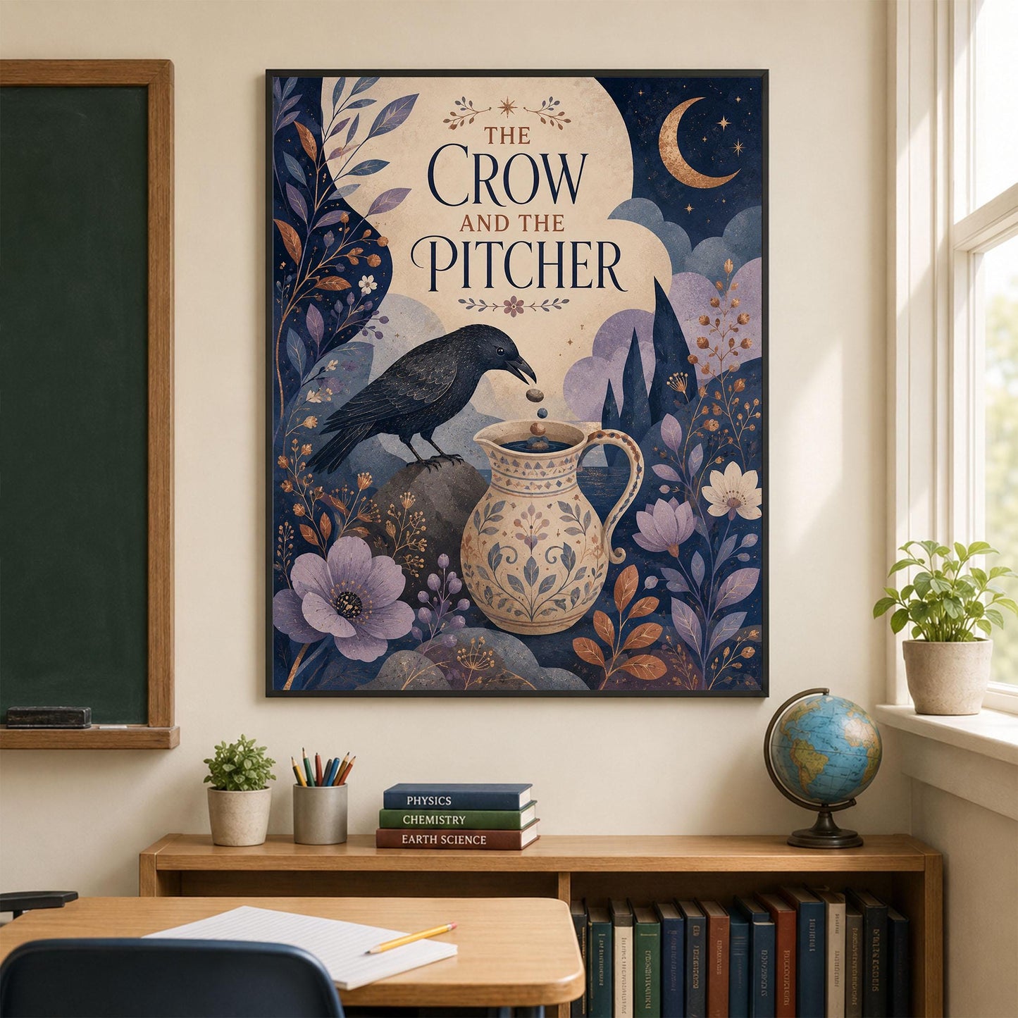 The Crow and the Pitcher Nursery Wall Art Print | Aesop's Fable Home Decor | Reading Room | Kids Literature | Literary Poster