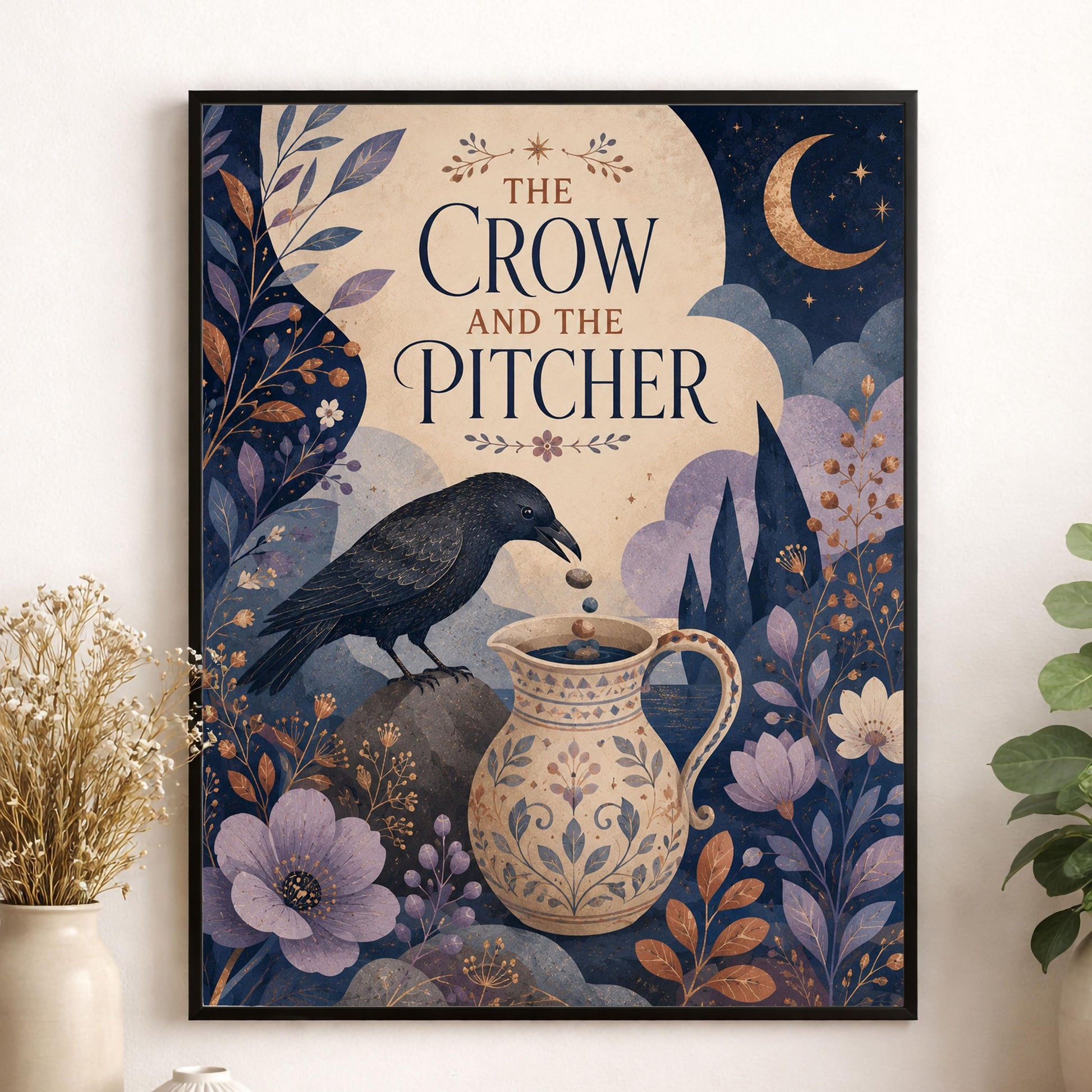 The Crow and the Pitcher Nursery Wall Art Print | Aesop's Fable Home Decor | Reading Room | Kids Literature | Literary Poster