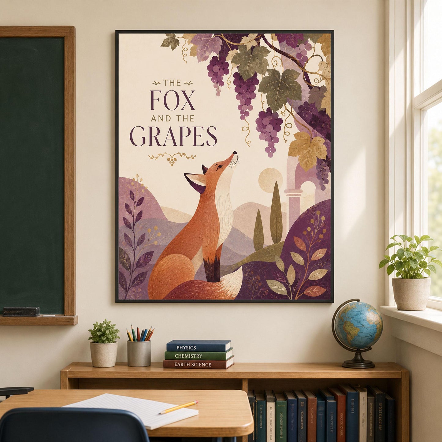 The Fox and the Grapes Nursery Wall Art Print | Aesop's Fable Home Decor | Reading Room | Kids Literature | Literary Illustration Poster
