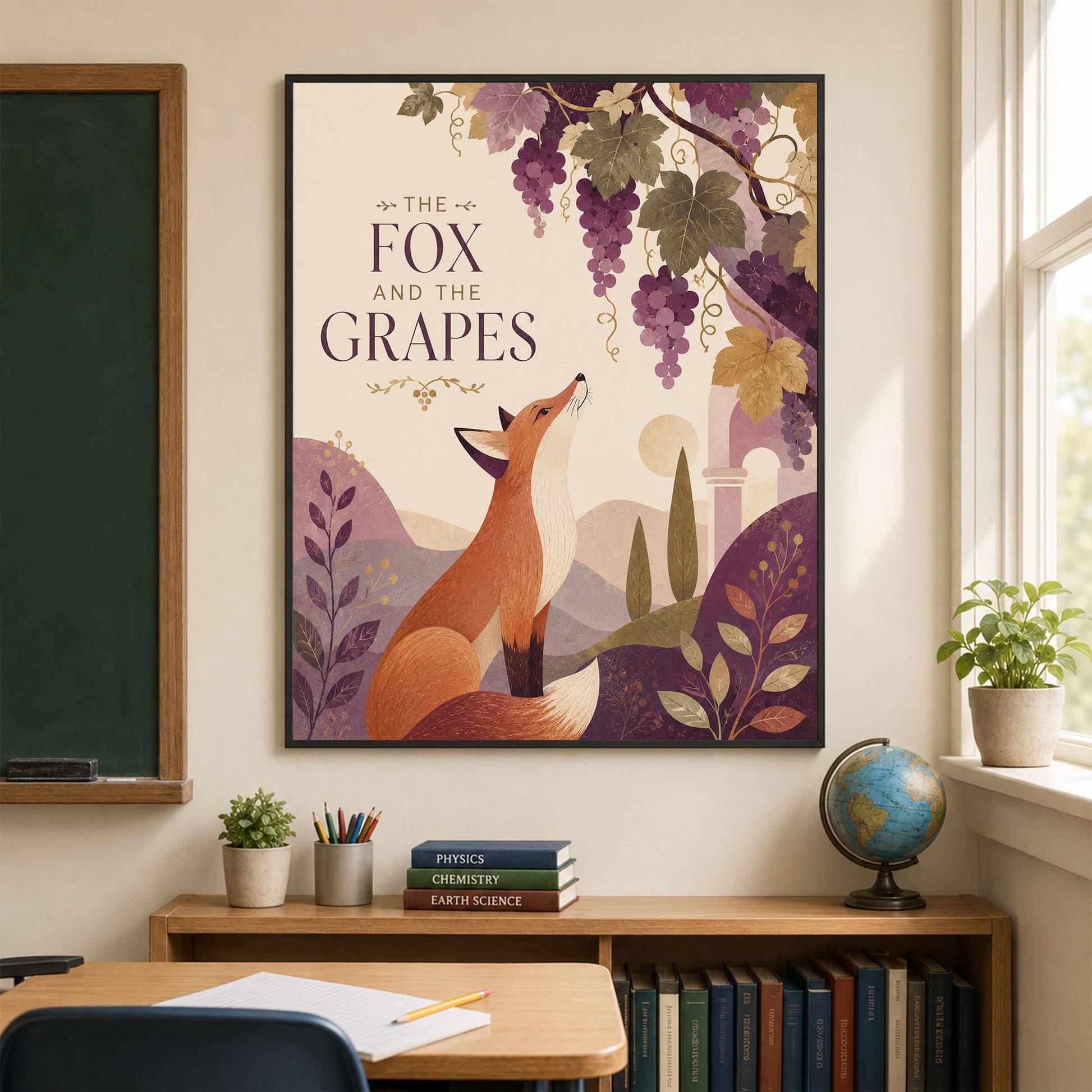 The Fox and the Grapes Nursery Wall Art Print | Aesop's Fable Home Decor | Reading Room | Kids Literature | Literary Illustration Poster