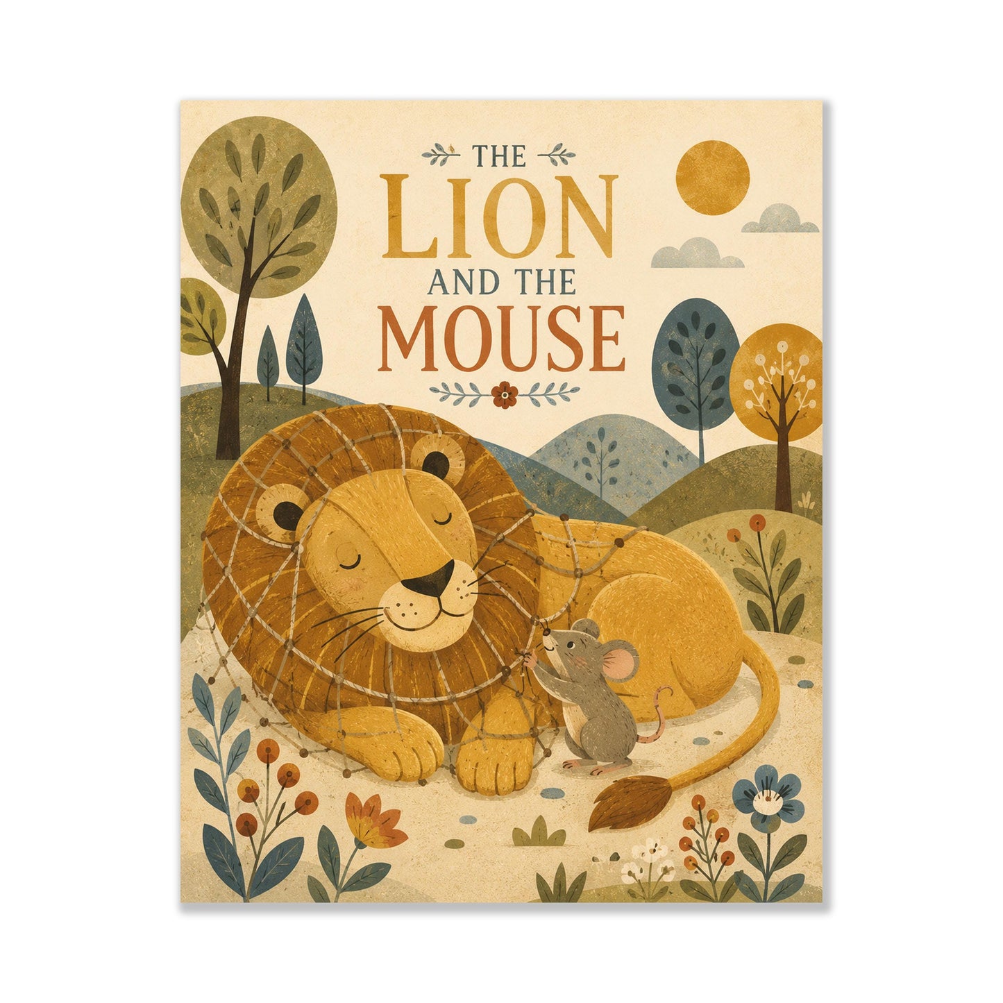 The Lion and the Mouse Nursery Wall Art Print | Aesop's Fable Home Decor | Reading Room | Kids Literature | Literary Illustration Poster